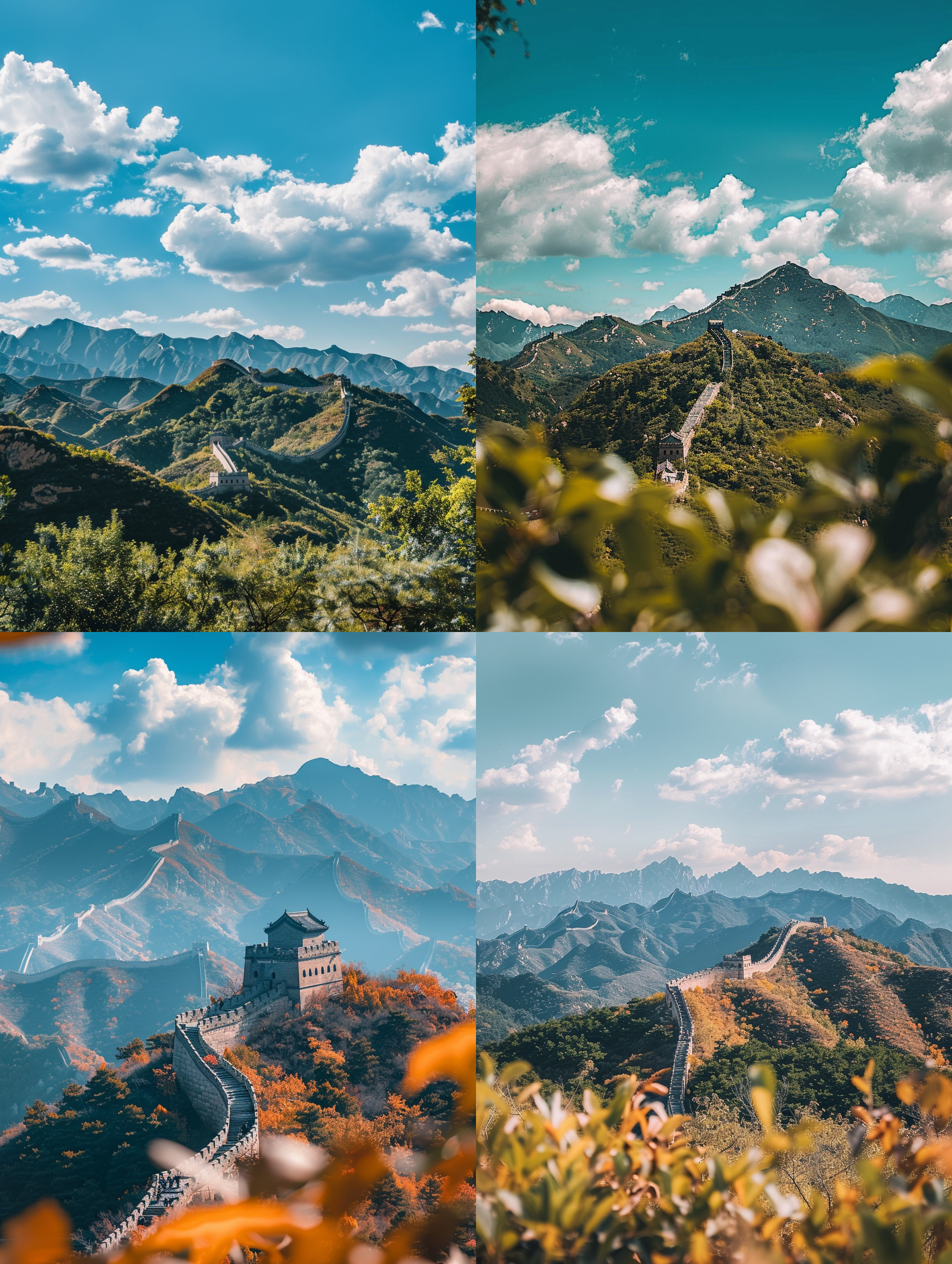 八达岭长城，雄伟壮丽，山脉背景，蓝天白云，远景构图，中焦镜头，自然光，静态，画面细腻，有质感。 长城