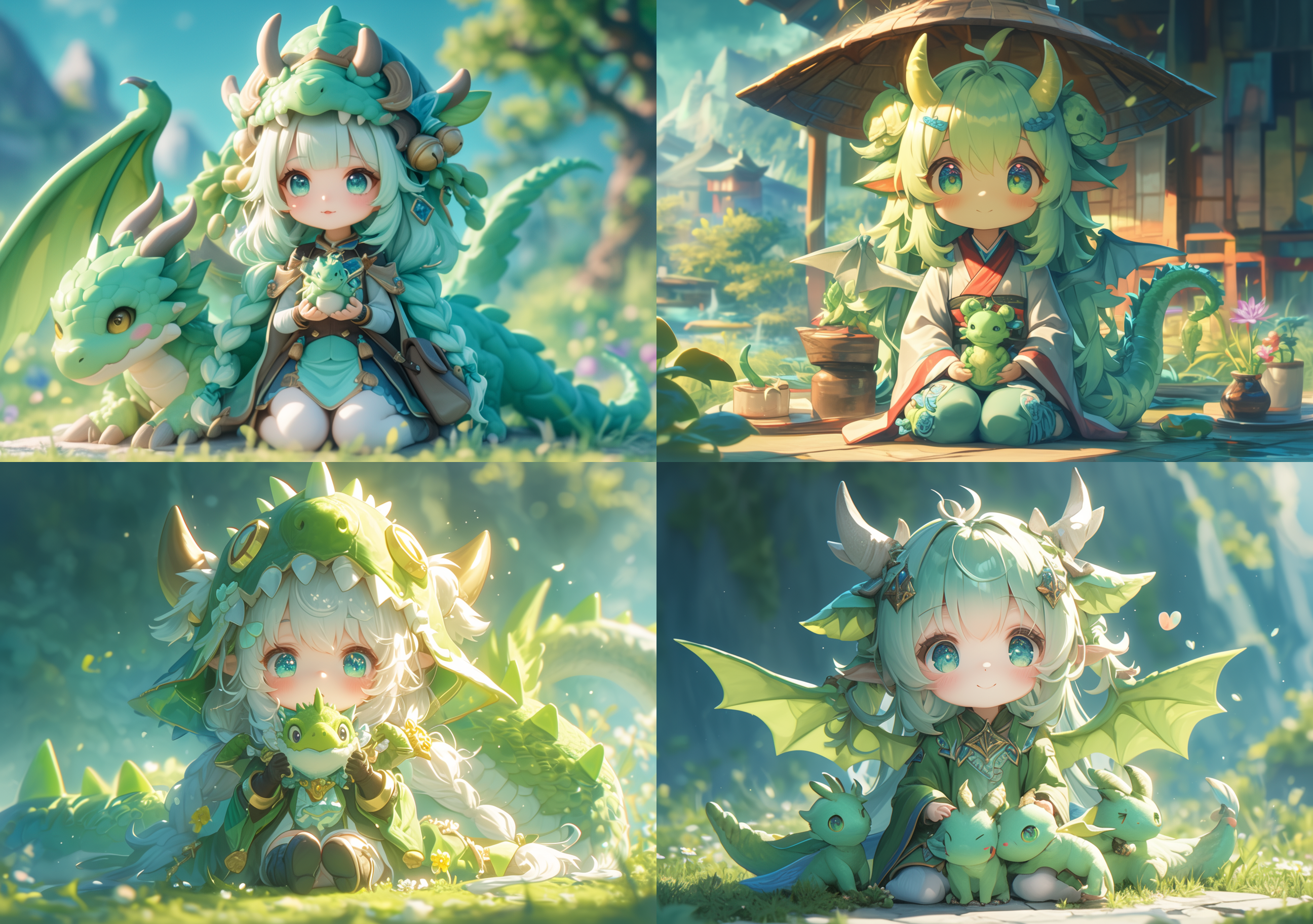 cute anime-style girl with a dragon-shaped hat, holding tiny green dragons in her hands, sitting on the ground surrounded by nature with pastel colors. the figure has a nendoroid style with a blurred background. it has a 3d cartoon character design with detailed facial features and eyes. the image is high resolution with clear focus and natural lighting. it uses a vibrant color palette with white space around the characters. the photography appears to be professional studio quality.