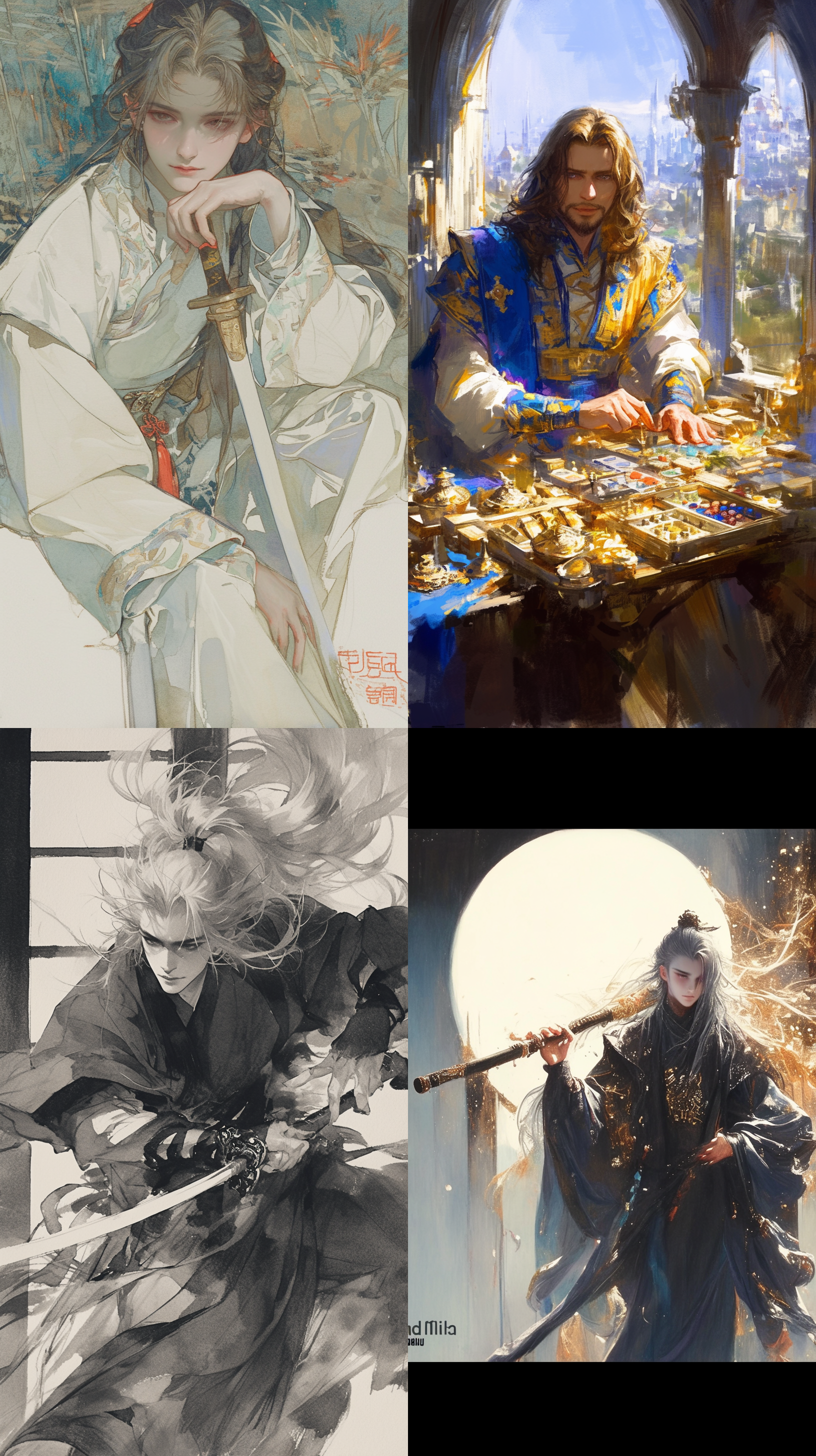 水彩绘画，望远镜镜头，英俊的古风美男桌台上舞剑，汉服，长发凌乱，容貌俊美，衣衫不整，眼神迷离，窗外有烟火，曲率，透视构图，线条轮廓清晰，细节丰富精致，梦幻般的氛围，极高清，32k，自然光影