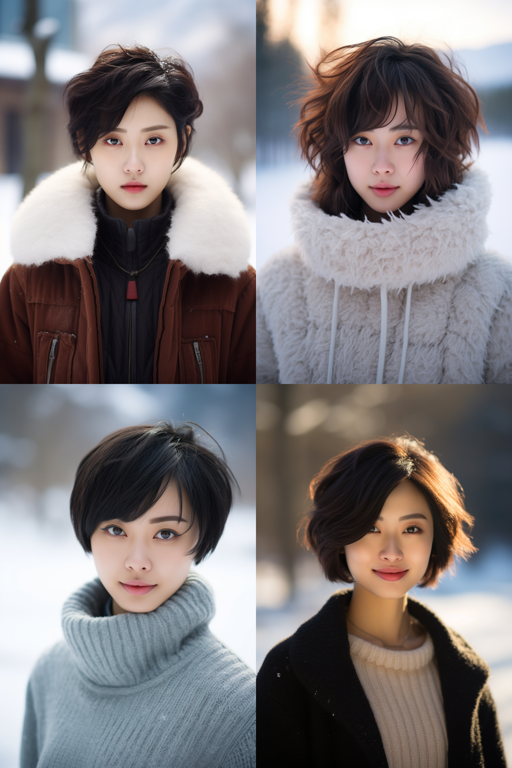 中国女孩短发人像，冬季户外，明亮环境，超高清摄影图 直视镜头，雪地中央，柔和光线，中焦镜头，自然表情，清新色调，自信微笑。