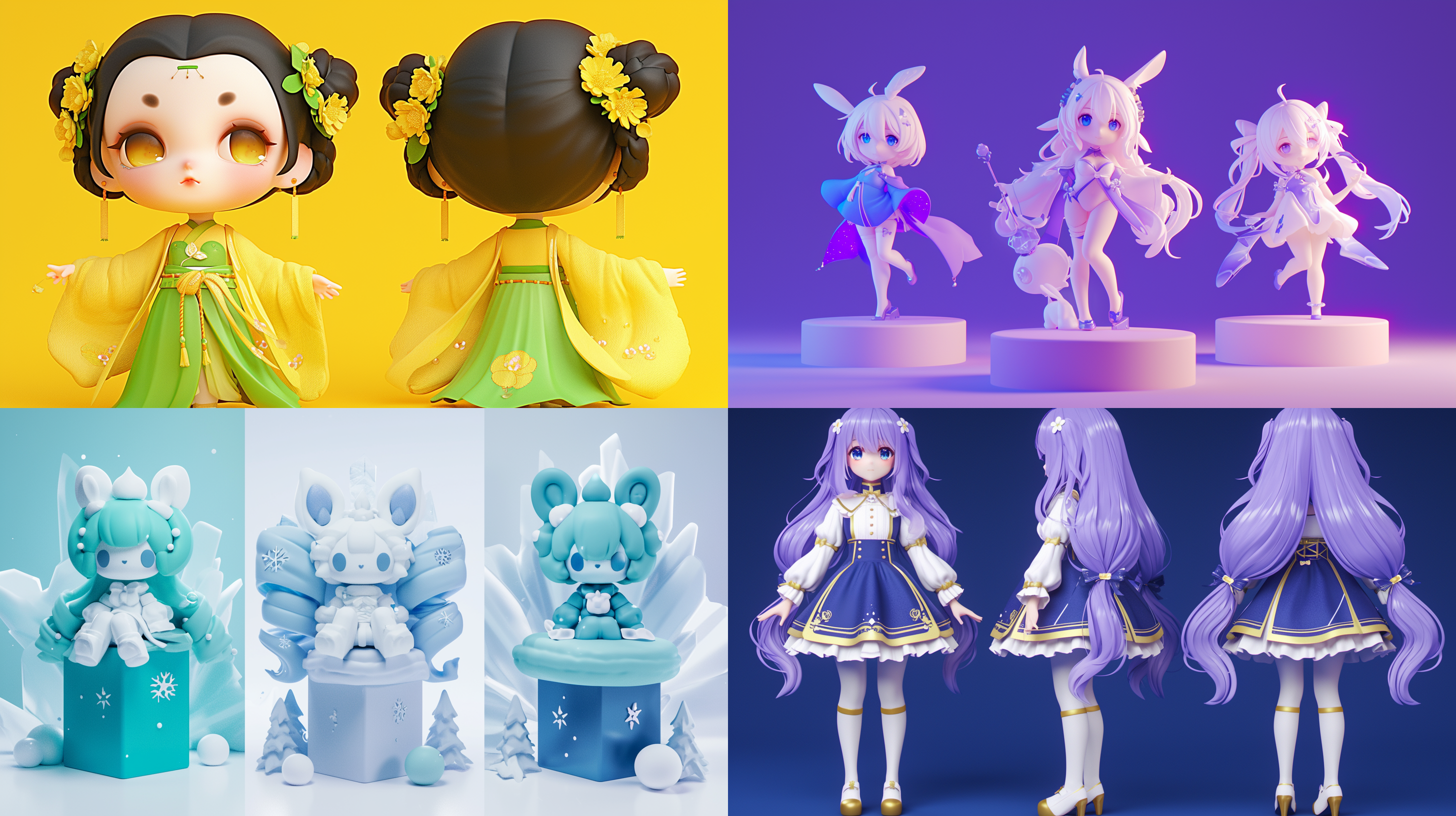 三视图，正视图，侧视图，背视图，3d,c4d，q版盲盒，三头身，可爱，古风小女孩，花朵，糕点full body, enerate three views, namely the front view the side view abd the back view, super cute girl ip by pop mark, colorful, plastict ransparent, soft lighting, glowing body,mockup, blind box toy,fine luster,clean background, 3d render, oc render, best quality 4k, ultra detailed, crazy details,