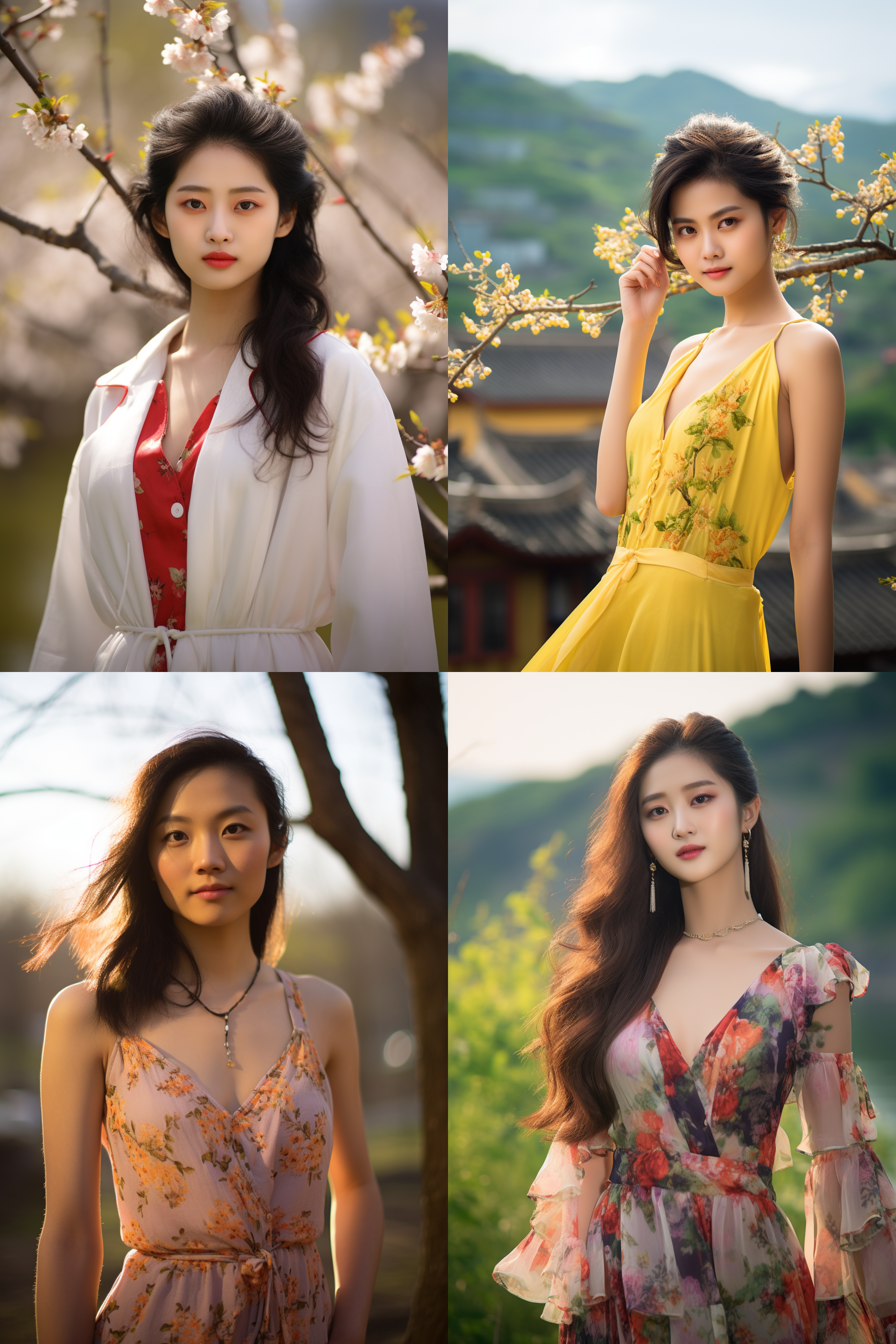 中国女孩，套裙服饰，春日摄影，明亮光线， 清新自然，户外风景，肖像模式，中焦镜头，自然姿态，