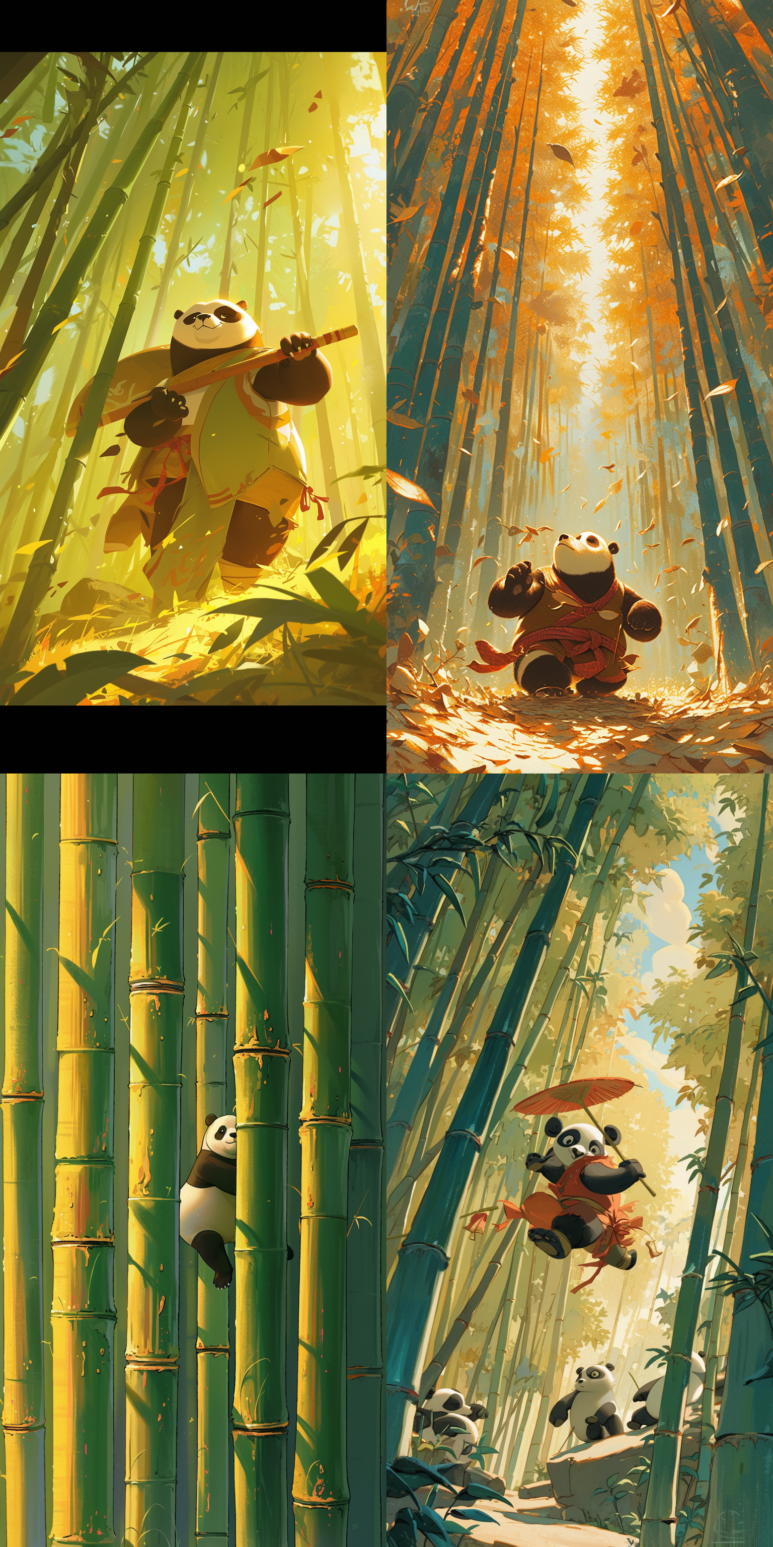 in the tranquil bamboo forest, a dedicated kung fu panda hones its combat skills in a firm and precise manner. bamboo leaves scatter on the forest floor, forming a crisp carpet under its feet. the panda's fur ripples with every hit and stop, and the scene is full of discipline and mastery. the dynamic composition highlights the panda's athletic ability and focus. against the organic background of towering bamboo stalks, injecting vitality and energy into the scene with a vibrant and lively art style, bold colors, and expressive brushstrokes