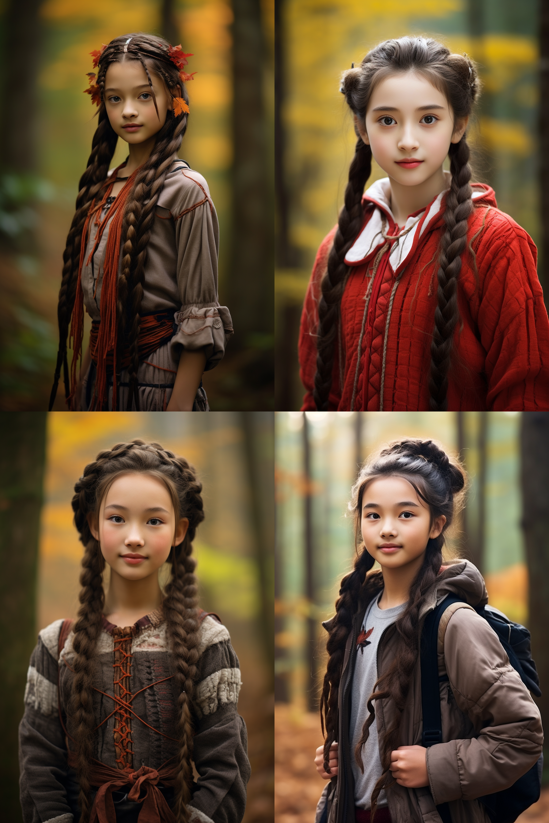 12岁中国扎辫子女孩,肖像镜头，枫林背景