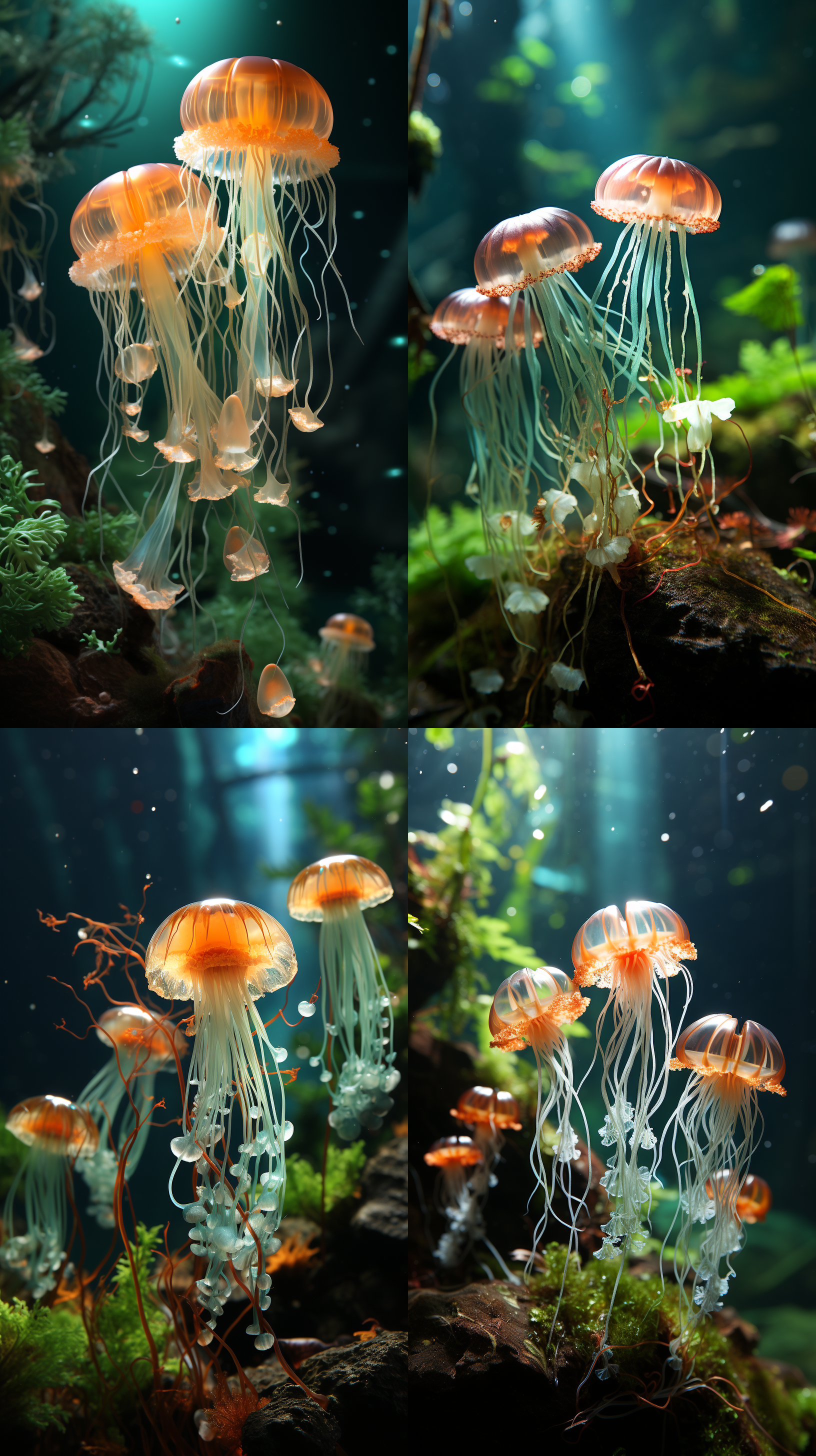 发光水母，春天，阳光光束，绿色背景，与春天的相遇，水下摄影，透明度，微距镜头，柔和光线，漂浮，神秘，清新。