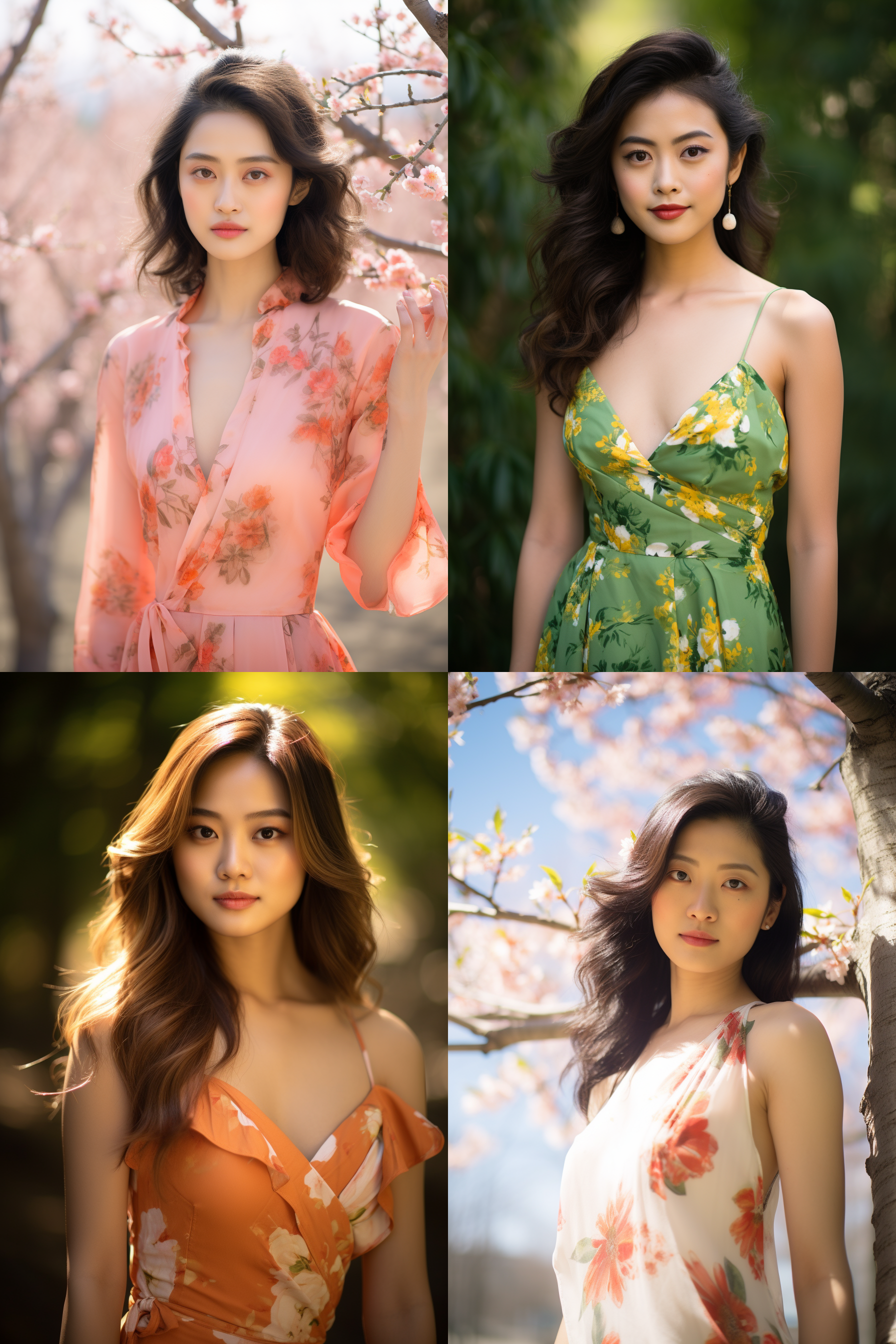 中国女孩，套裙服饰，春日摄影，明亮光线， 清新自然，户外风景，肖像模式，中焦镜头，自然姿态，