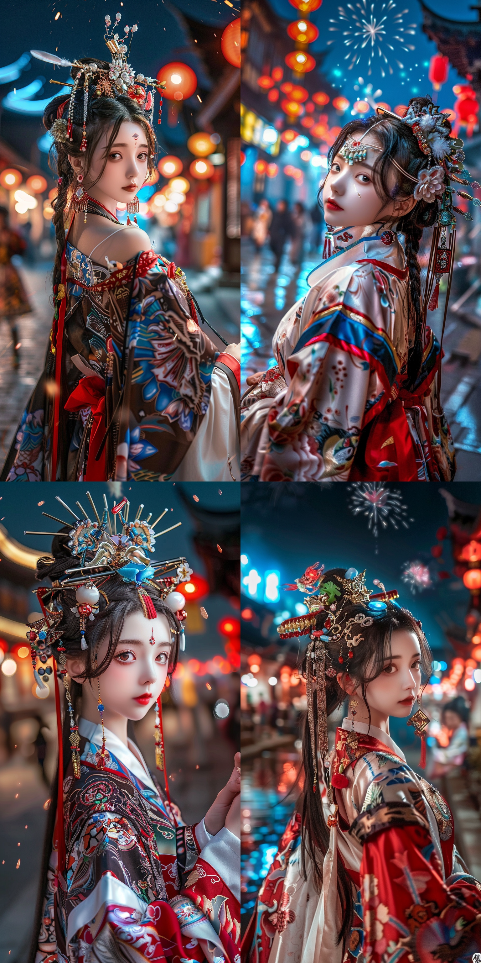 提示 wide angle lens, masterpiece, top quality, best quality, official art, beauty and aesthetics, bustling streets, festive atmosphere, fireworks, 1 girl, ten thousand family lights, blooming, (bohemia print top: 1.4), (upper body close-up: 1.2), female focus, detailed portrait photos, looking back,