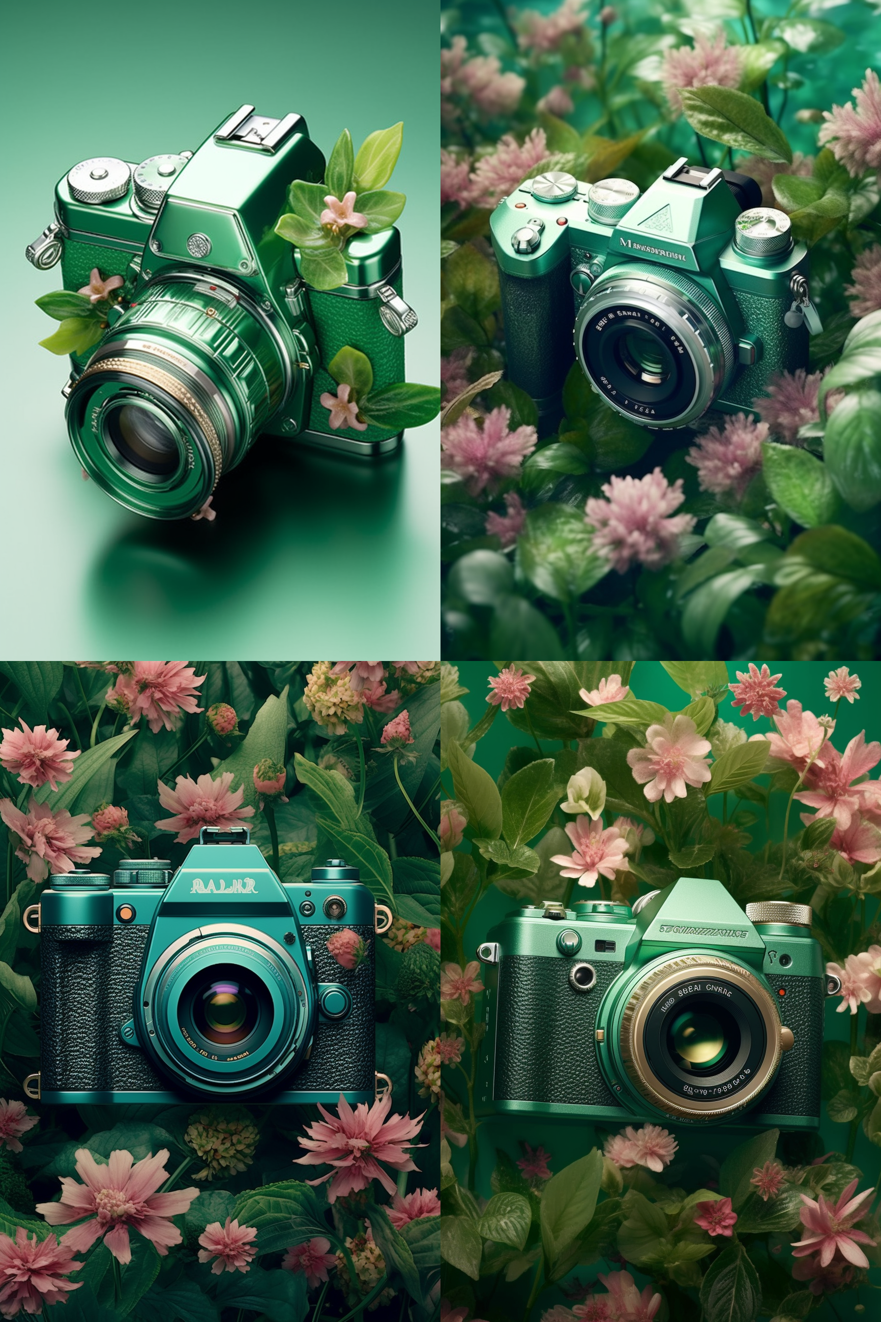 精致的掐丝珐琅尼康z5相机，相机内是花园，开满鲜花，相机半透明翡翠绿，特写透视感，明亮的灯光，超写实，特写，微距，背景纯色