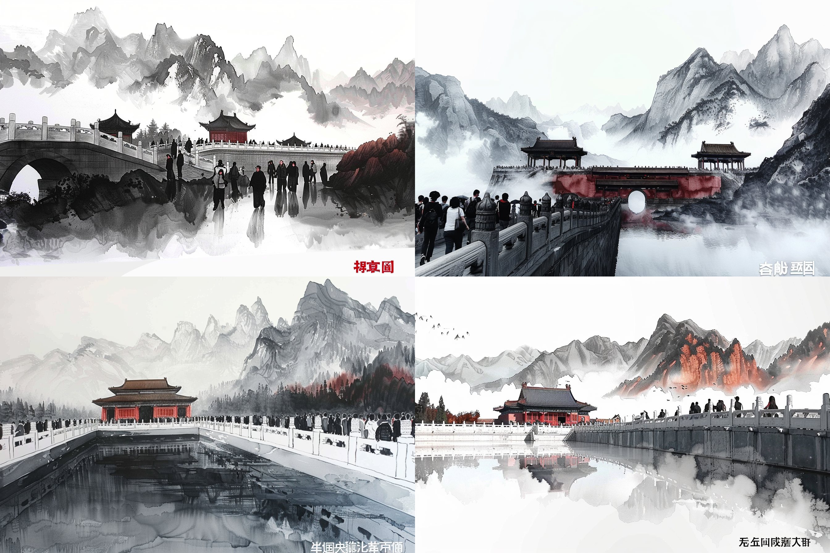 水墨风景，山水对景，简约构图，黑白色调，宽幅画面，清晰细节，静谧，沉静，诗意，深邃。