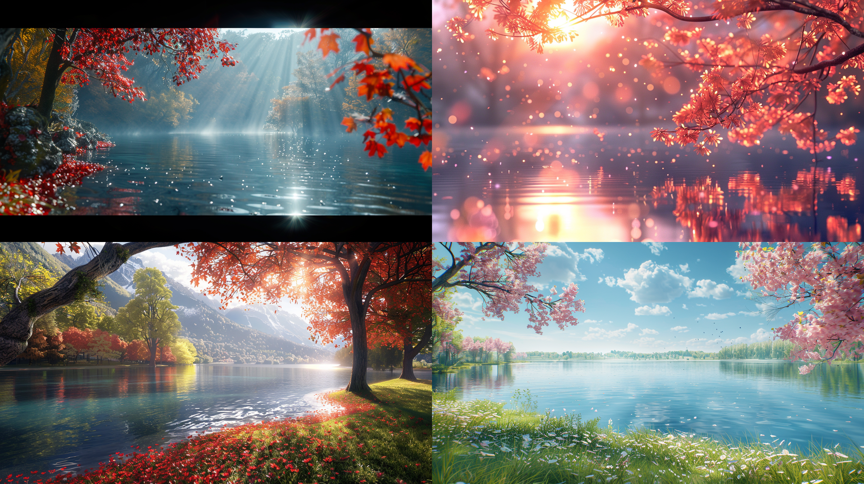 湖泊景色，8k画质，景深镜头，丰富色彩，细腻纹理，唯美特写，明暗对比，鲜花枫树，阳光逆光，浪漫宁静，湖水倒影，清澈透亮，和煦温暖。