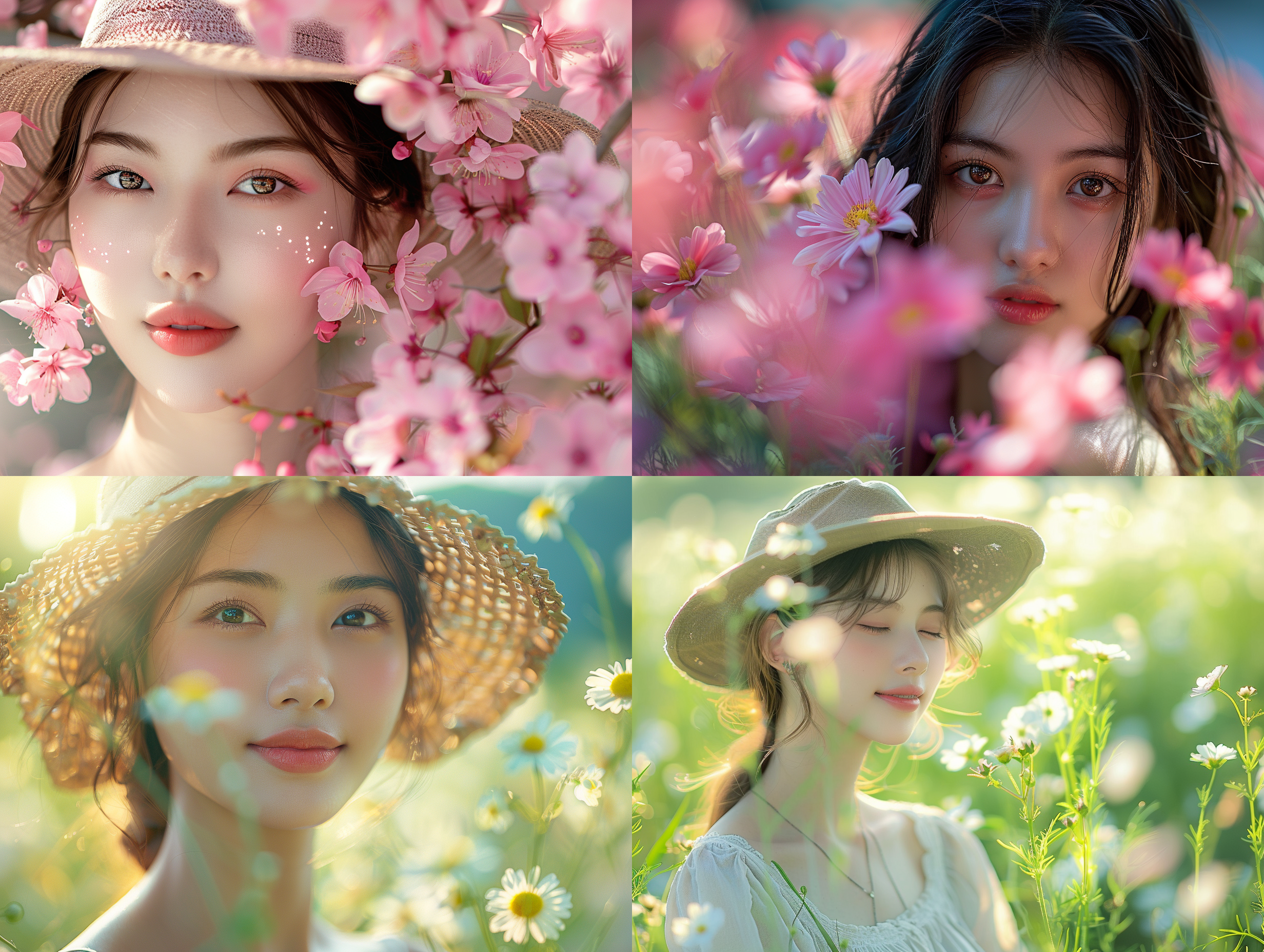 美女如花，嘴唇红润，皮肤细腻白净，阳光灿烂，微笑，活泼。光线柔和明亮。户外最美风景处拍摄肖像,肖像,油画，户外风景,柔和光线,微笑,活泼,肤色自然,大光圈,自然色彩,清晰焦距,自然风光,温暖氛围。