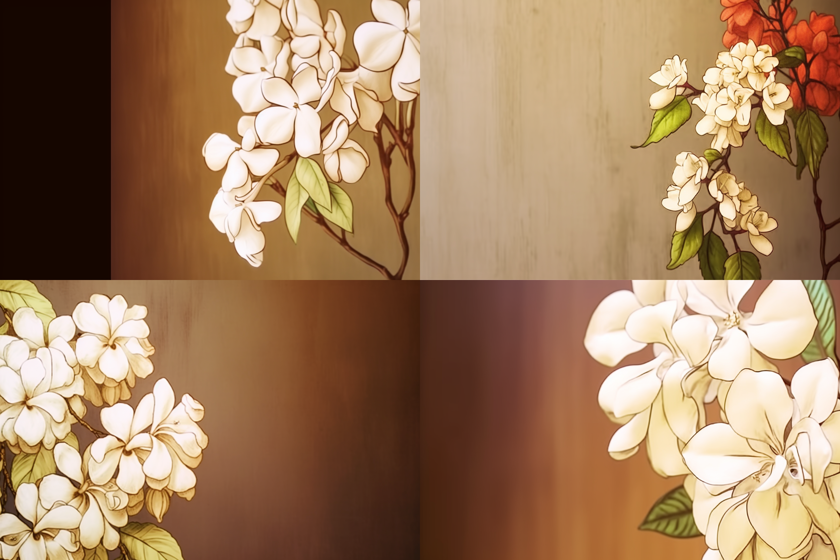 古风花卉，清新朴素，细腻高级，白墙绿植背景，近景特写，柔和光线，浅景深，花瓣细节，温暖色调，柔美情感。