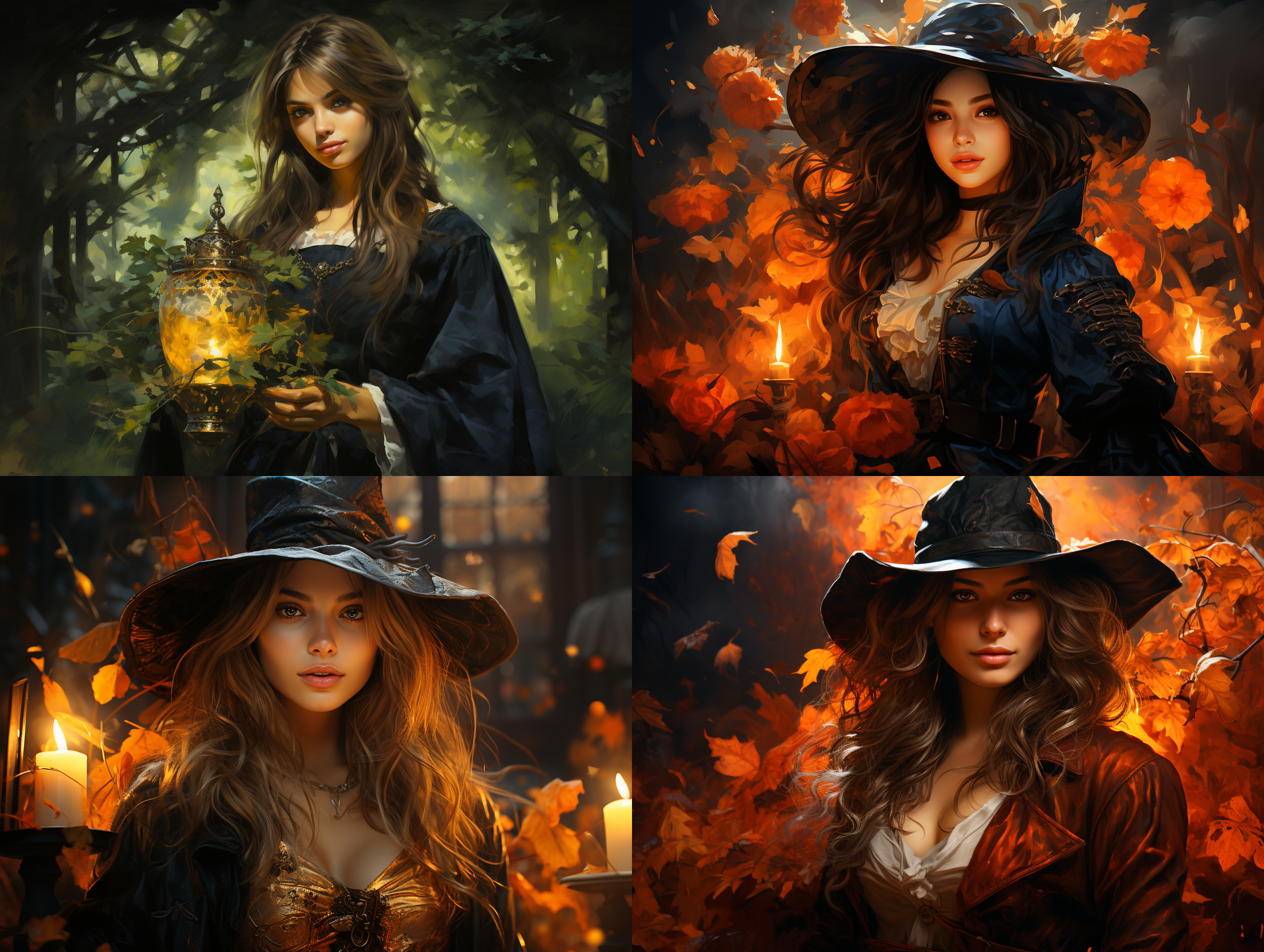 油画女巫，肖像风格，神秘森林，细节丰富，古典服饰，烛光映衬，暗调，神秘感，眼神坚定，油画效果，色彩丰富，古典主题。