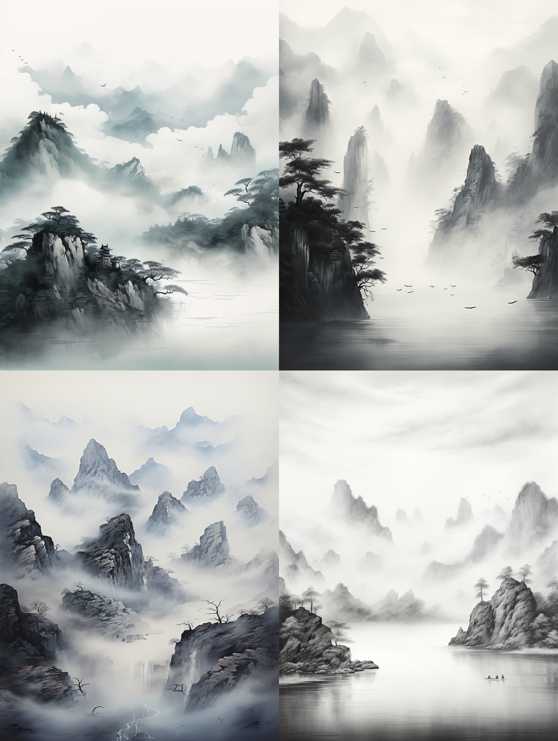 中国水墨山水画，戏剧性雾状山脉，蜿蜒河流，宋代风格，墨水飞溅，精细笔触，传统艺术，宁静永恒，大胆构图，细腻表现，灰色调，16:9长宽比，虚化效果。