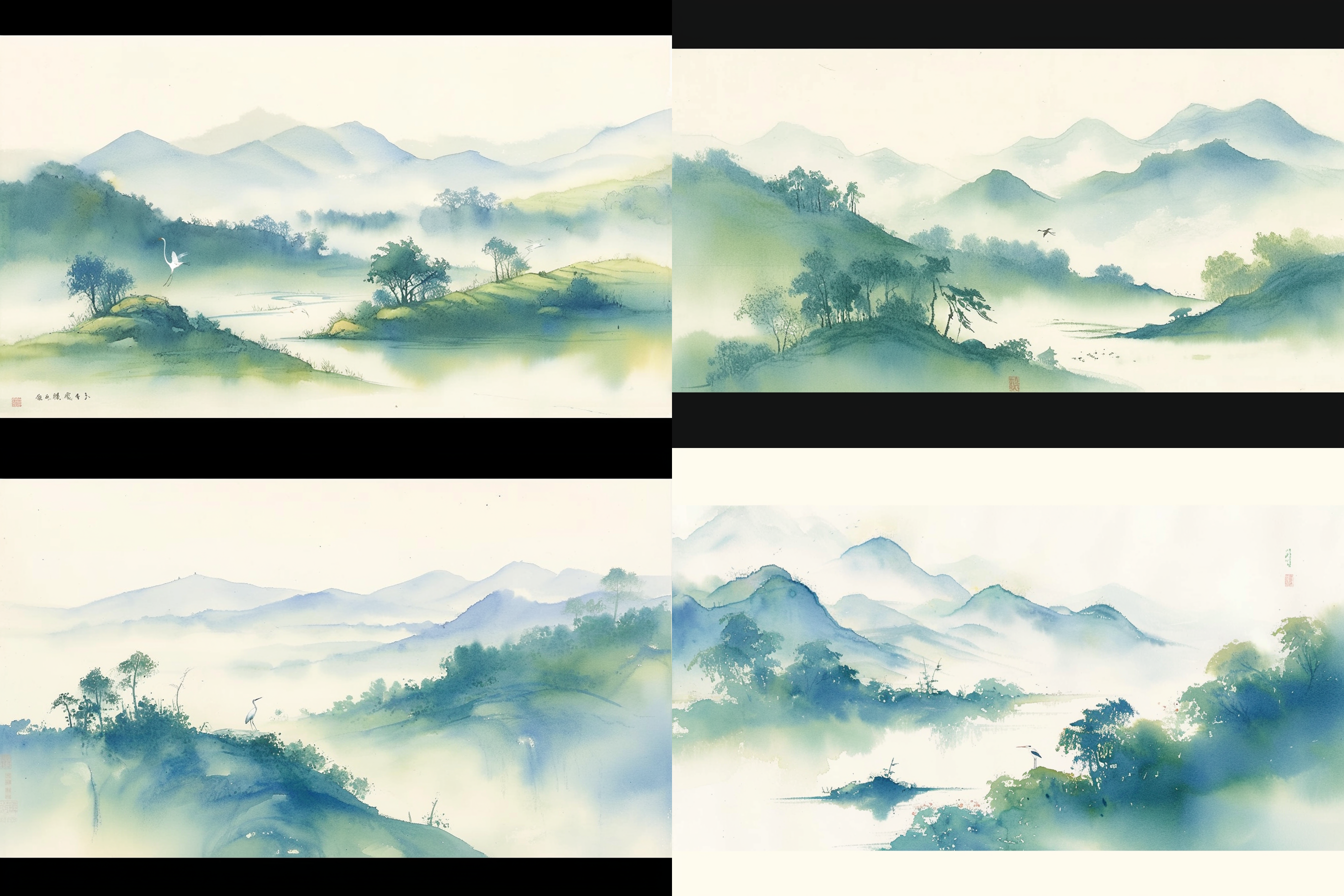 中国水彩诗意，飘逸: 纯净山水画面，远处青山起伏，近处流水潺潺，一只白鹭翩翩起舞。细腻的色彩渐变展示了水彩的柔和质感。清新的空气中弥漫着花香和湿润的泥土气息。