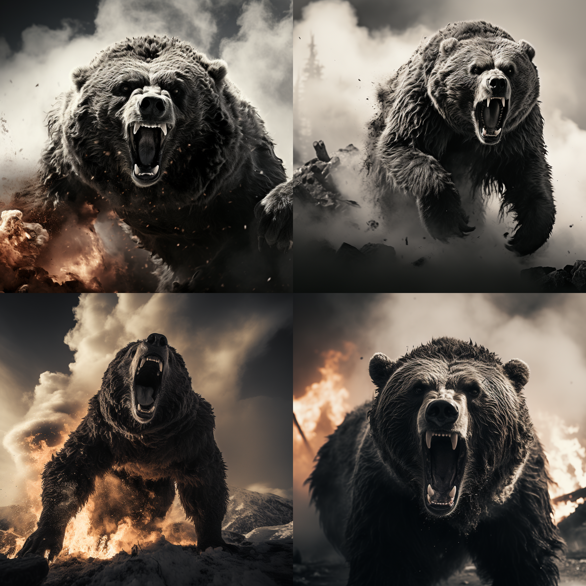 一只暴力熊站在山顶，背景是燃烧的火焰和烟雾弥漫的天空。它张开巨大的爪子，向前冲去，准备攻击。它的毛发浑身竖起，眼神中透露出凶狠和愤怒。黑白照片，高速快门，广角镜头，饱和度高，尖锐对比，充满动感和力量的画面。