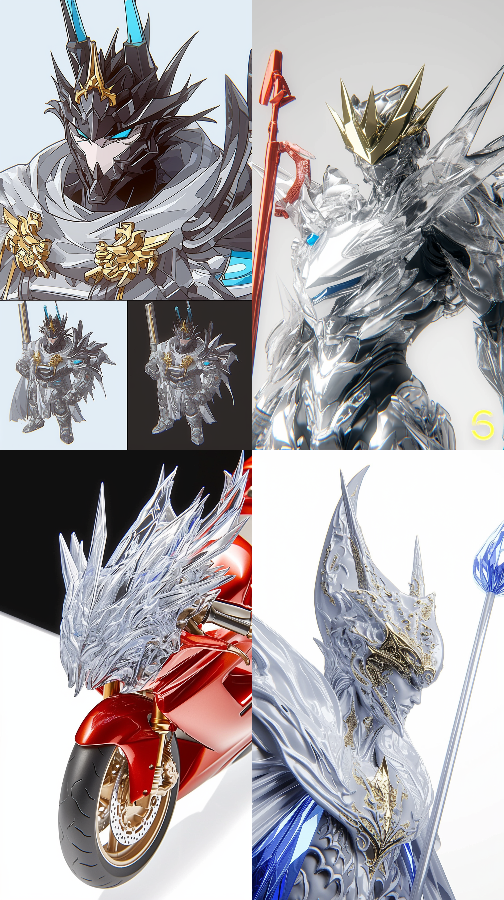 机车展，汽车，高科技，四个角度，科幻，新型，新颖，流线型，高大威猛，底座，高把，梦幻背景 创风格 干净背景 全身 白金 金属质感 蓝晶石 高调照明 自然照明 新未来主义 游戏素材 武侠