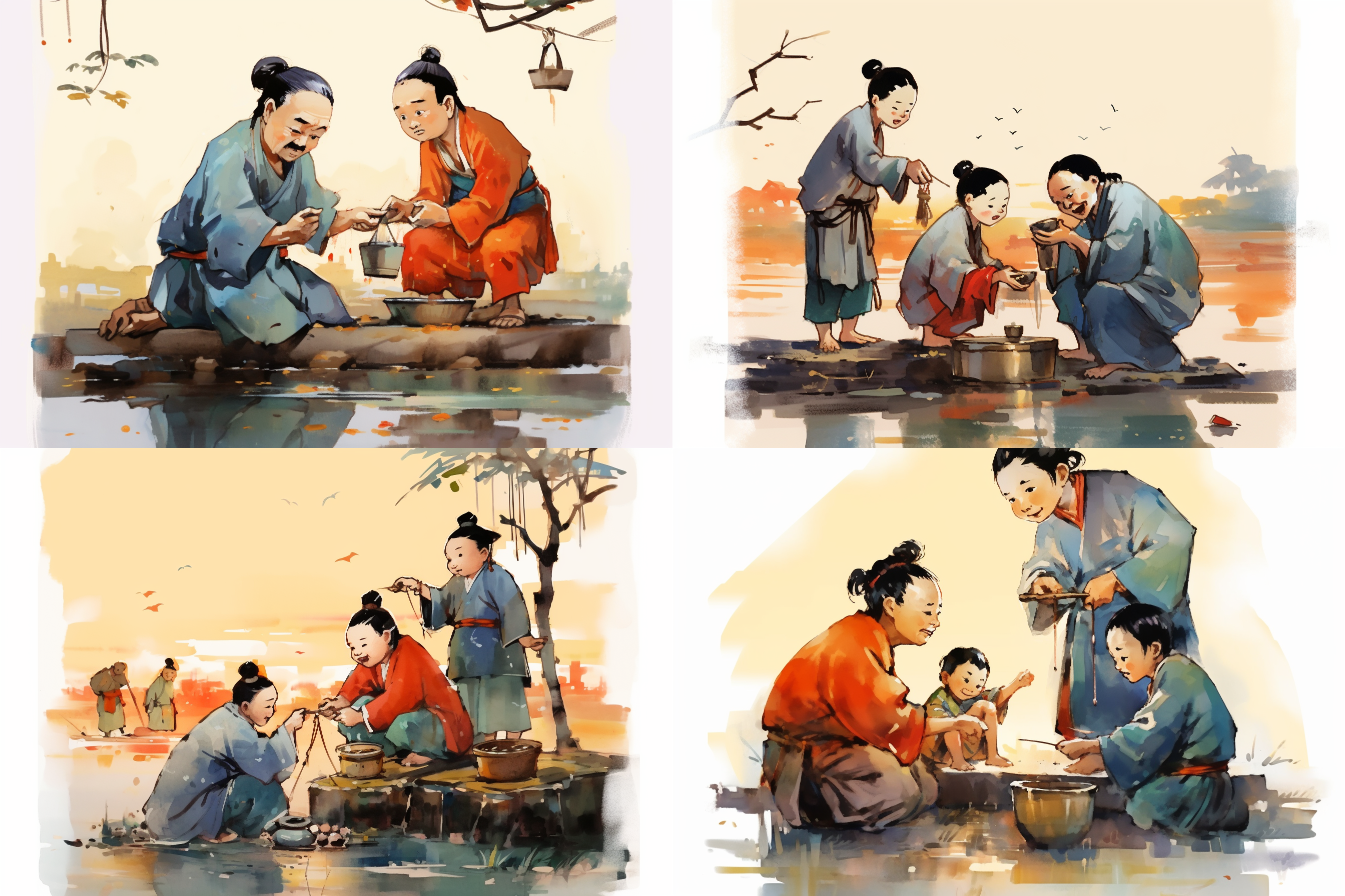 水彩画，古代打工人，可爱风格，有趣场景，吐槽打工人的苦，明亮色彩，细节丰富，毛笔效果，传统服饰，微笑表情，努力工作，水面反射，夕阳余晖，温暖光线，温馨氛围。