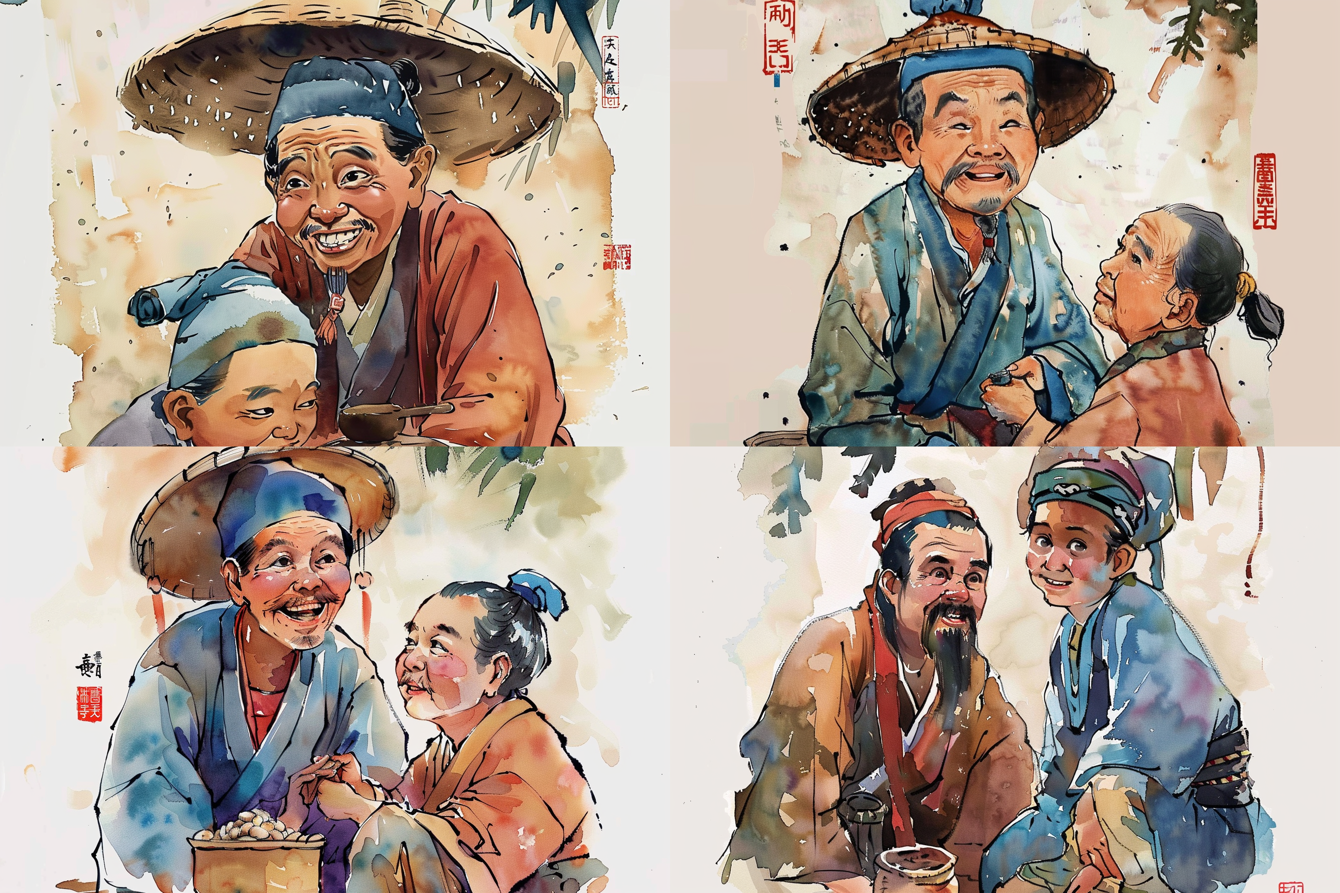 水彩画，古代打工人，画风可爱，有趣，吐槽，俏皮可爱，清新，古风服饰，笑容，明亮色彩，细节丰富。
