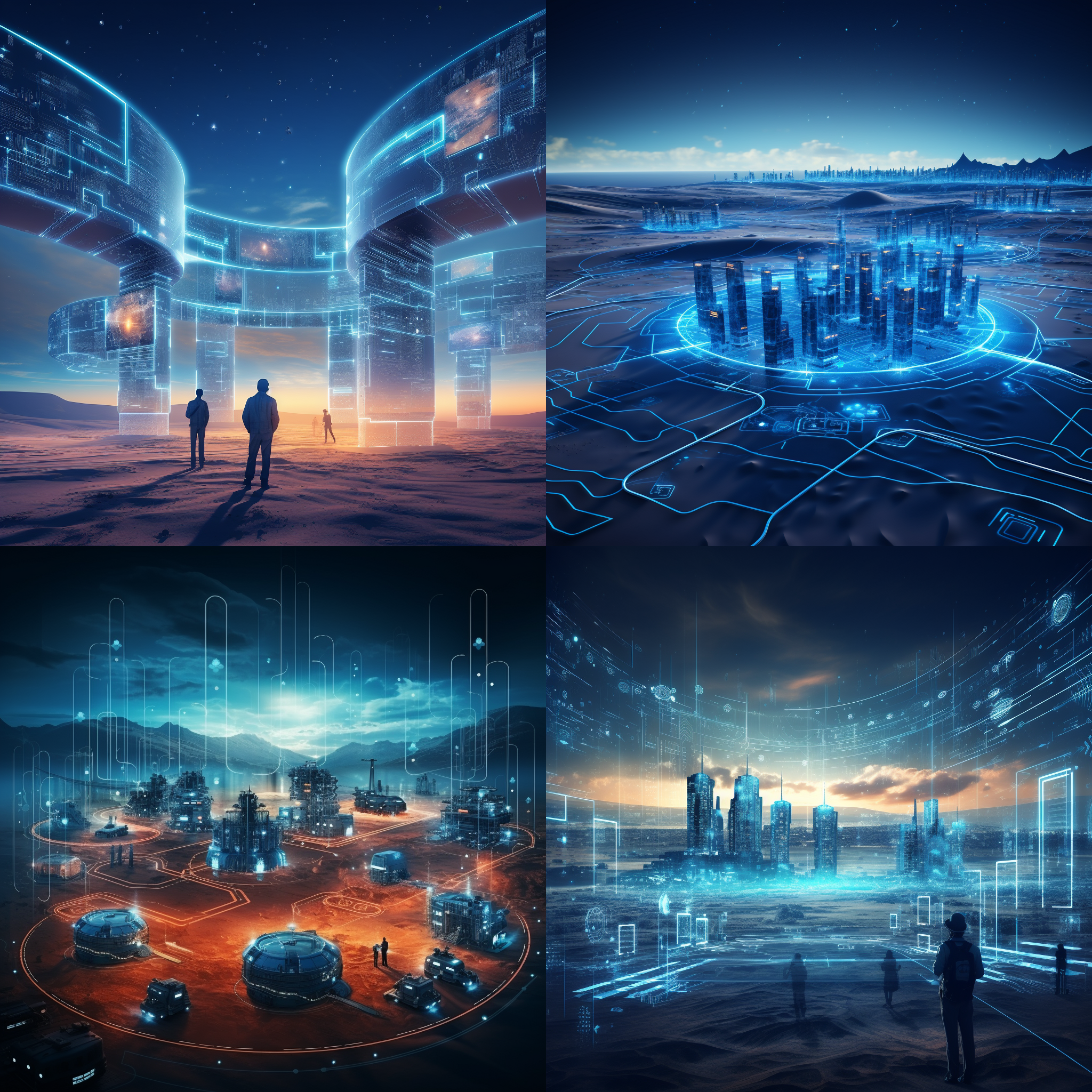 人工智能监测系统，科技风格，复杂结构，沙尘暴环境，细节丰富，高清晰度，立体感，蓝色调，数据流动，预警功能，未来主义。