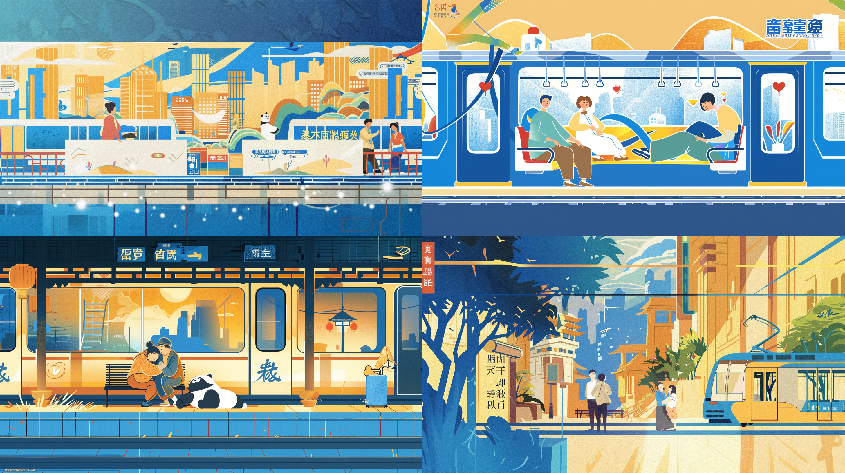 插画，爱心，成都的城市剪影，地铁，轨道，扁平风格，熊猫，温馨画面，笑得开朗，扶老奶奶，欢快的动作，幸福的表情，轻松愉快。