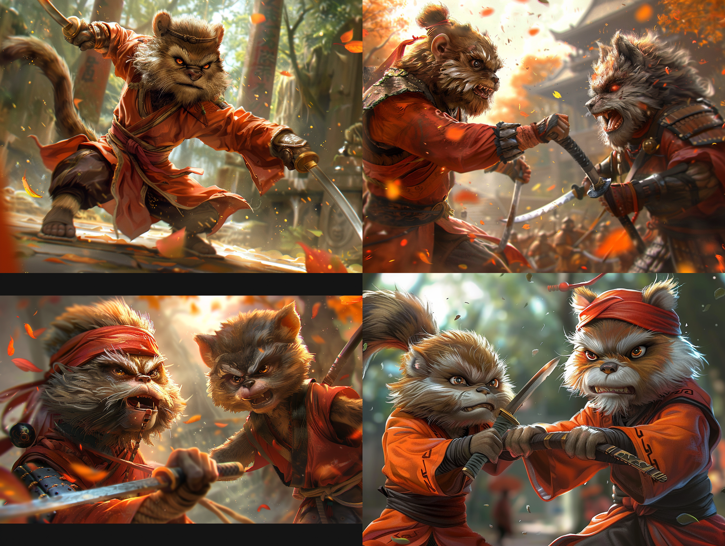 猴子战士vs邪恶狼，激烈表情，黑暗茂密森林，古老高耸树木，星空下，动态戏剧构图，行动捕捉，详细现实风格，3d。
