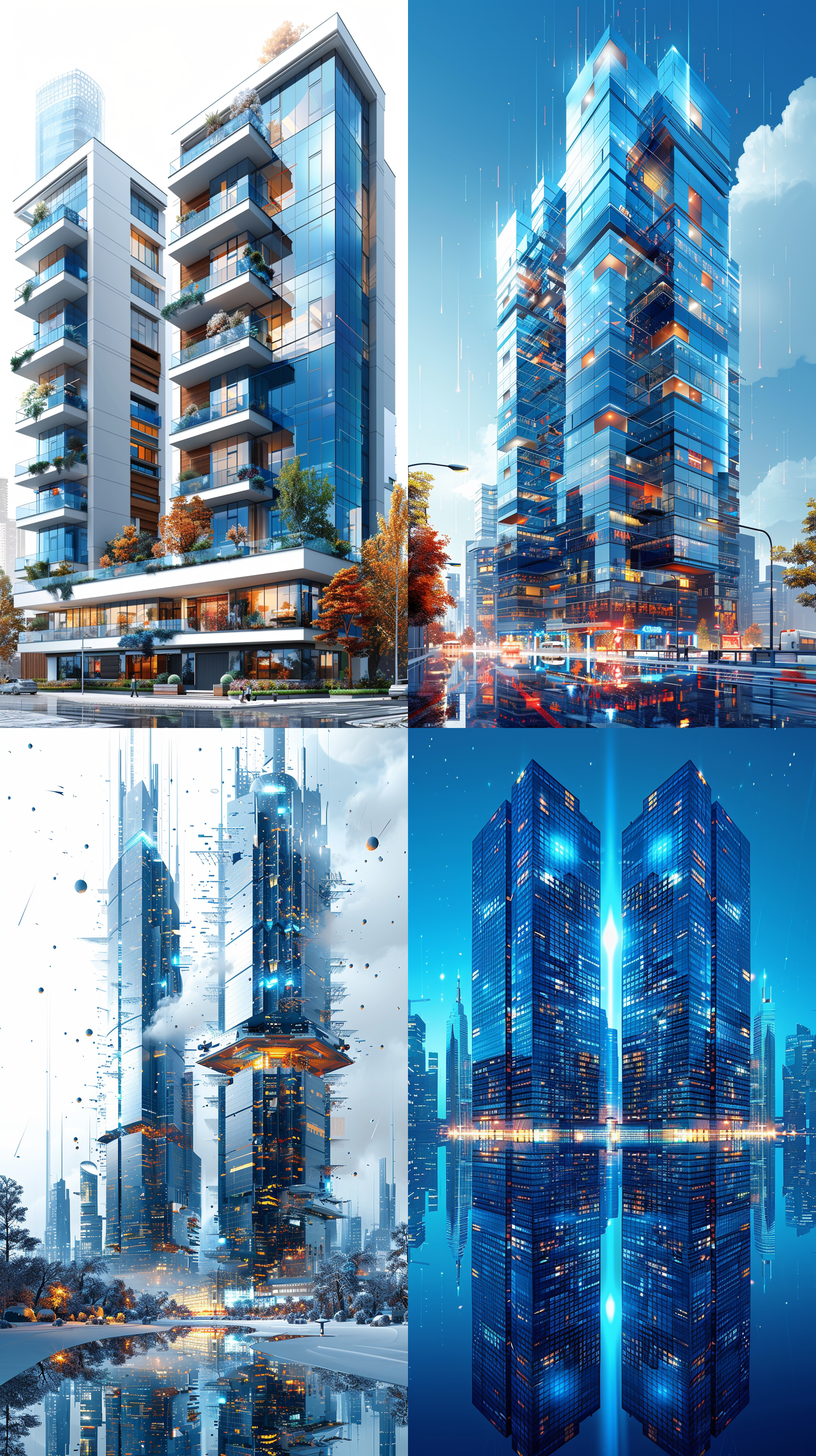 两栋大楼，白色背景，现代化，侧视，远景，直角构图，宽广感，高楼林立，干净整洁，明亮光线，无人烟火，冷色调，宏伟壮观，平静安详。