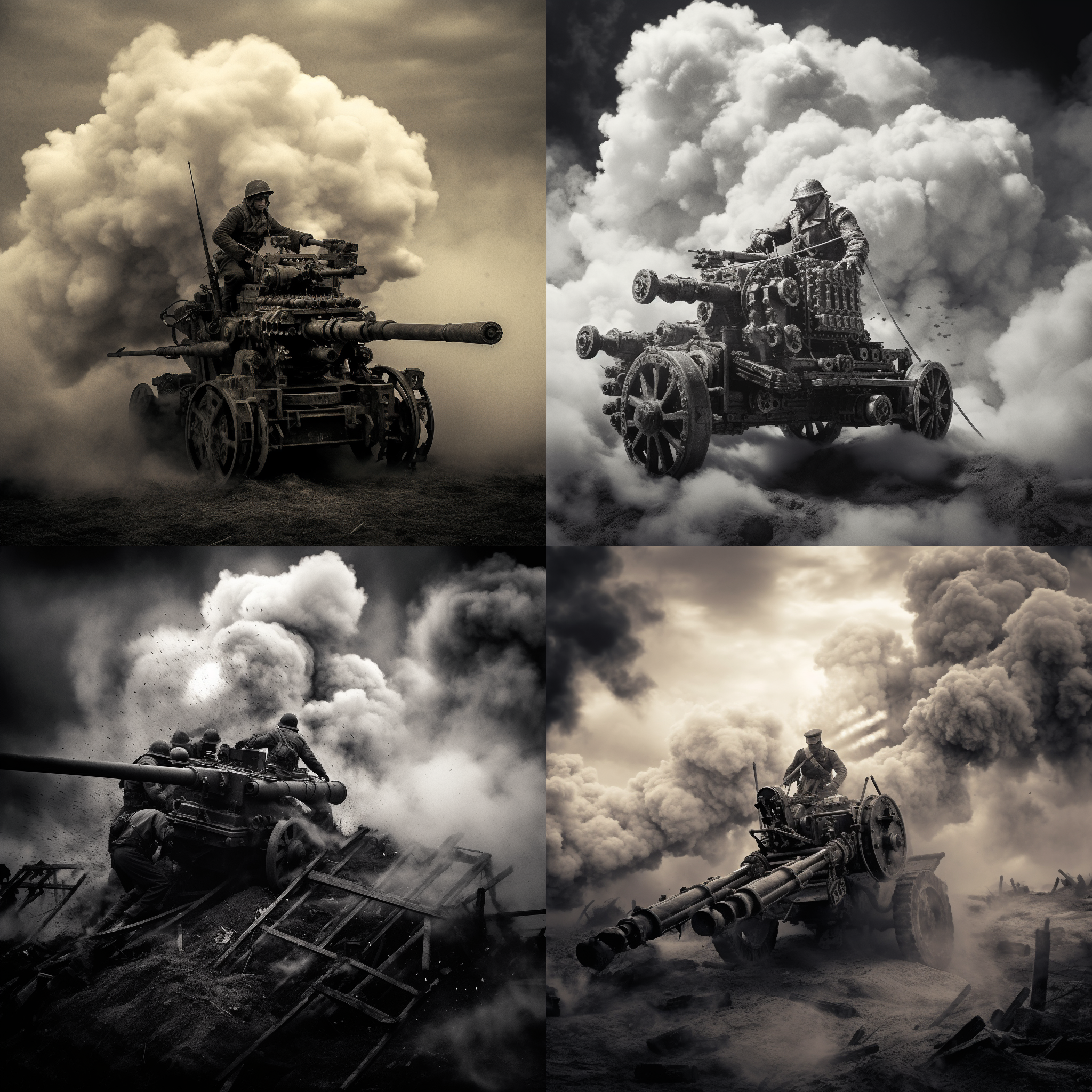 重机枪在阵地上，硝烟弥漫。构图对称，细节丰富，精细纹理，精细零件。黑白照片，高反差，广角镜头，低角度拍摄，蓝色调，沉重感，紧张氛围。