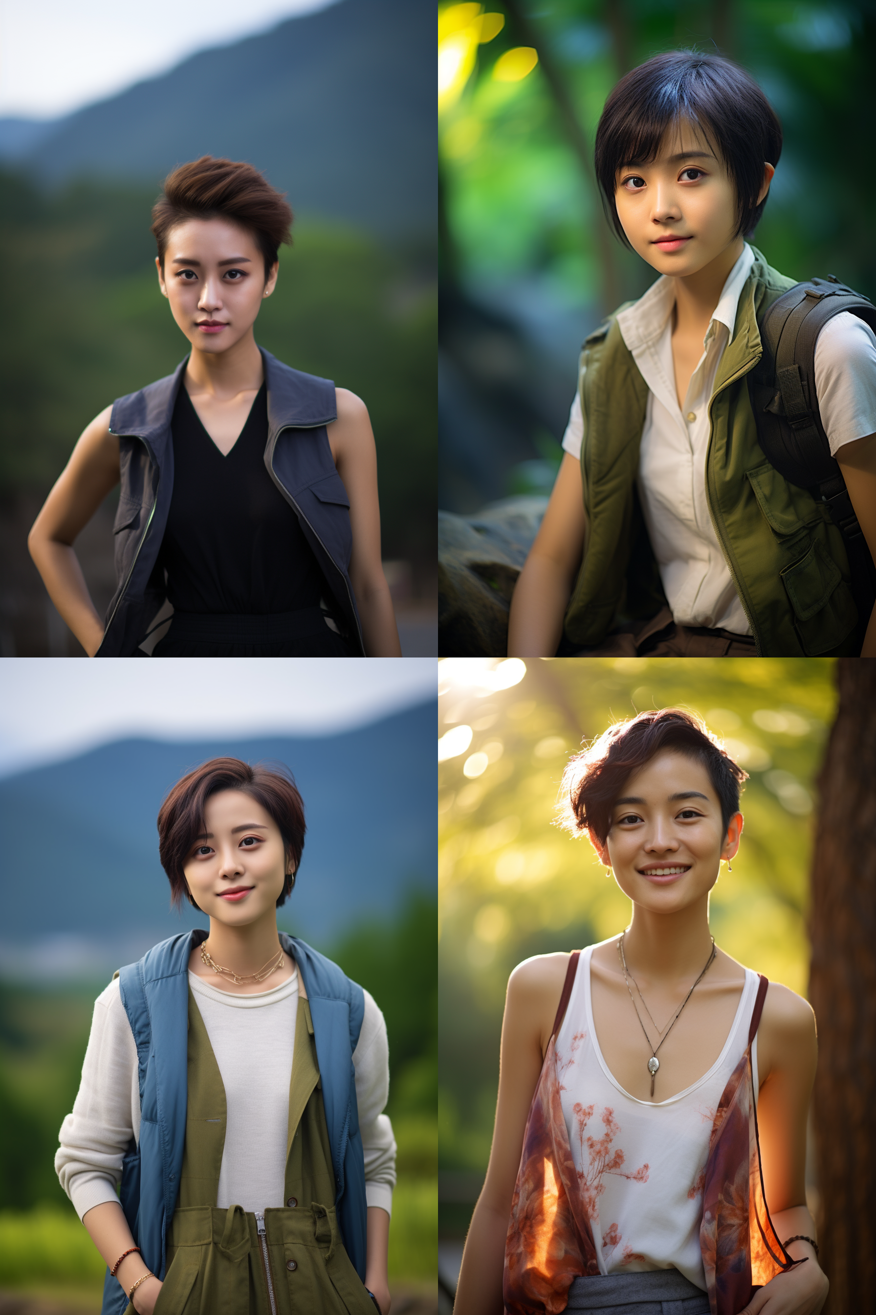 中国短发女孩，穿背心，明亮光线，摄影图 清新自然，户外风景，肖像模式，中焦镜头，微笑，自然姿态，色彩鲜艳，快门优先，放松自然