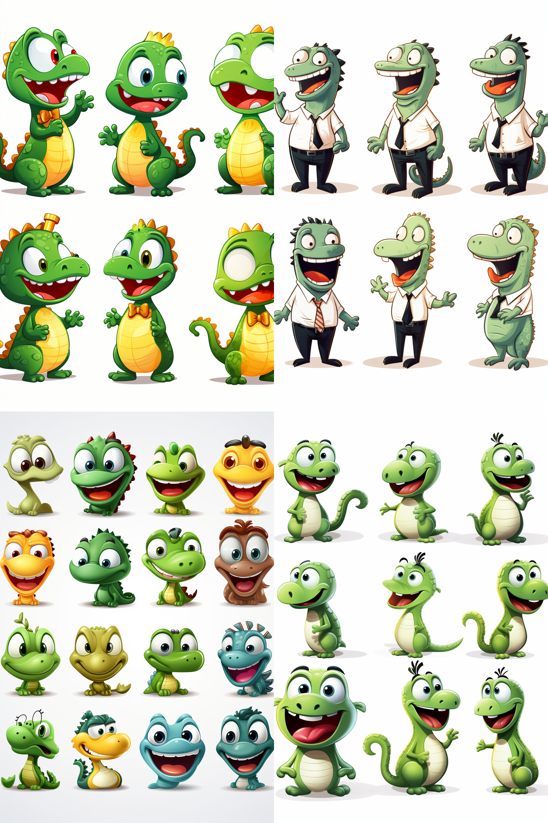 小鳄鱼，多种表情，以表情符号为插图集，展示不同的情感和表情，多个姿势和表情，表情符号包，开心，生气，伤心，哭泣，可爱，期待，拟人化风格，迪士尼风格，贴纸艺术设计，粗略轮廓，深白背景，扁平色彩，8k。