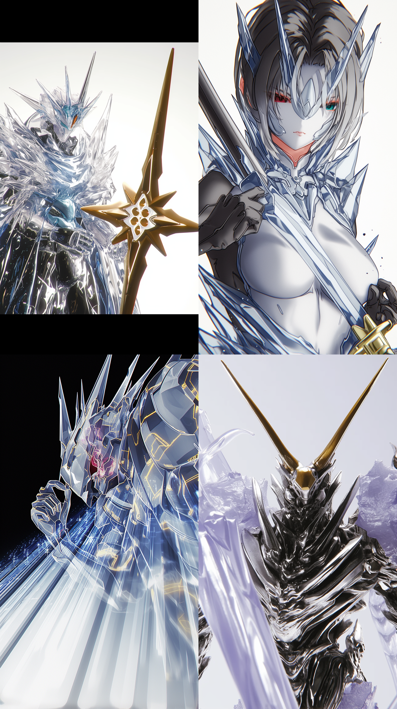 高科技新颖底座，四个角度流线型设计，梦幻背景，高大威猛的主题，底座高把，科幻氛围，新型元素，高对比度，鲜艳色彩，霓虹灯效果。 创风格 干净背景 全身 白金 金属质感 蓝晶石 高调照明 自然照明 新未来主义 游戏素材 武侠