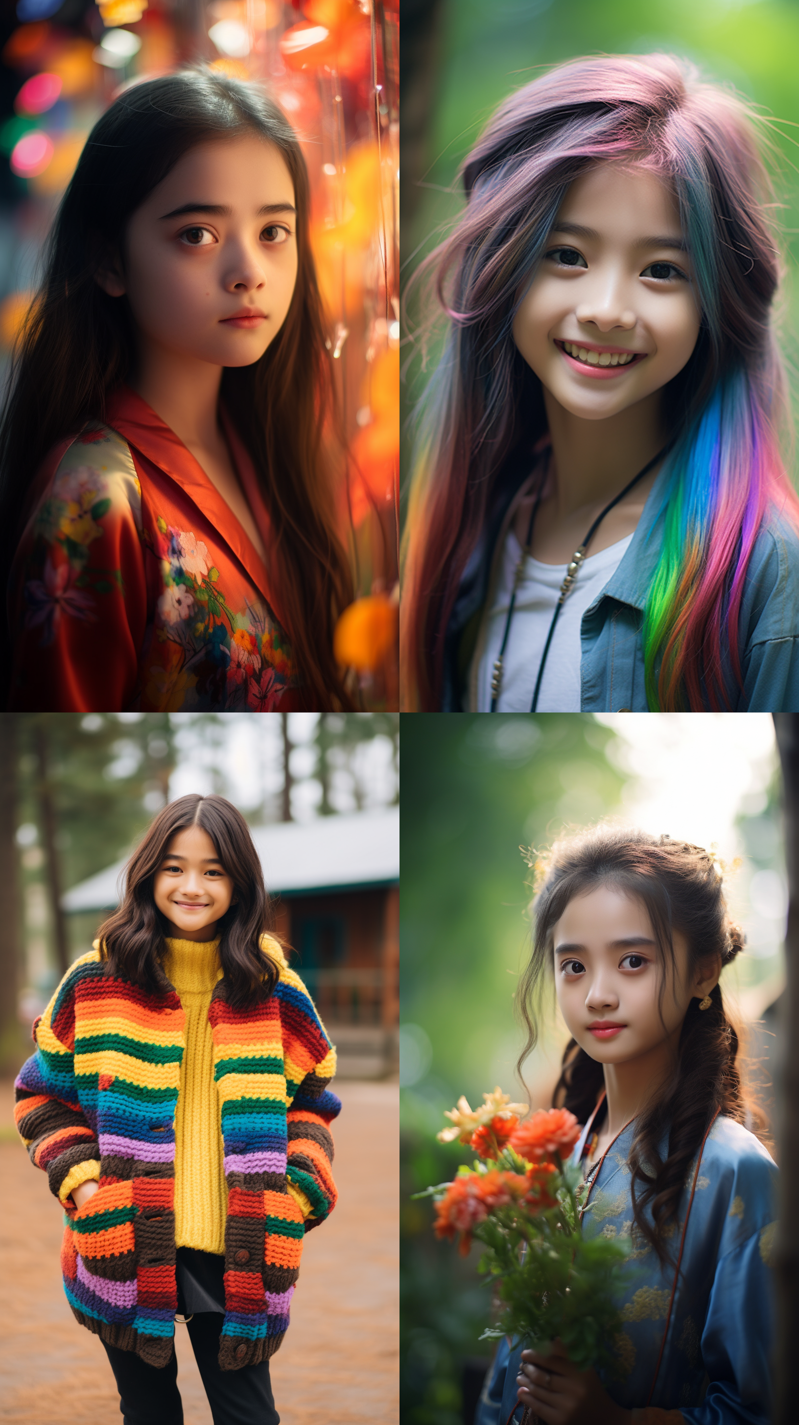 12岁中国少女，明亮色调，肖像镜头，明亮光线，花园中，微笑，色彩缤纷，柔和焦外，温暖情感。