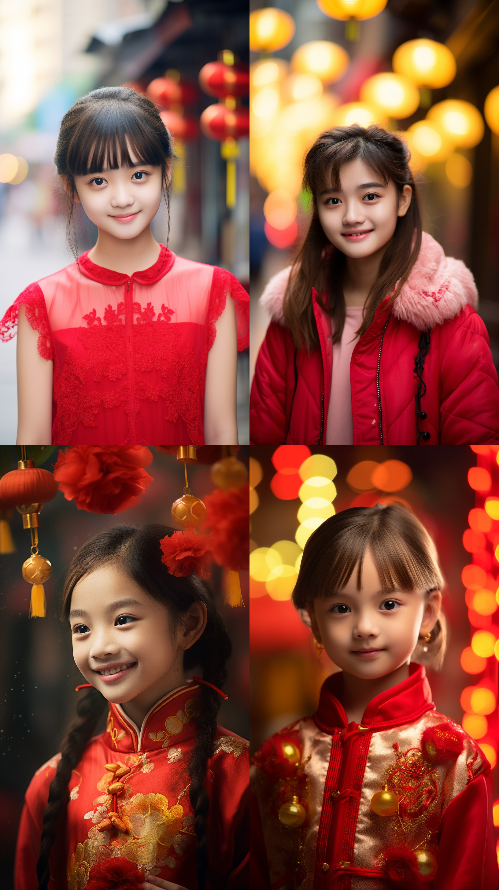 12岁中国女孩，明亮色调，肖像镜头，明亮光线，笑容，红色连衣裙，户外，背景虚化，柔和对比度，温暖氛围。