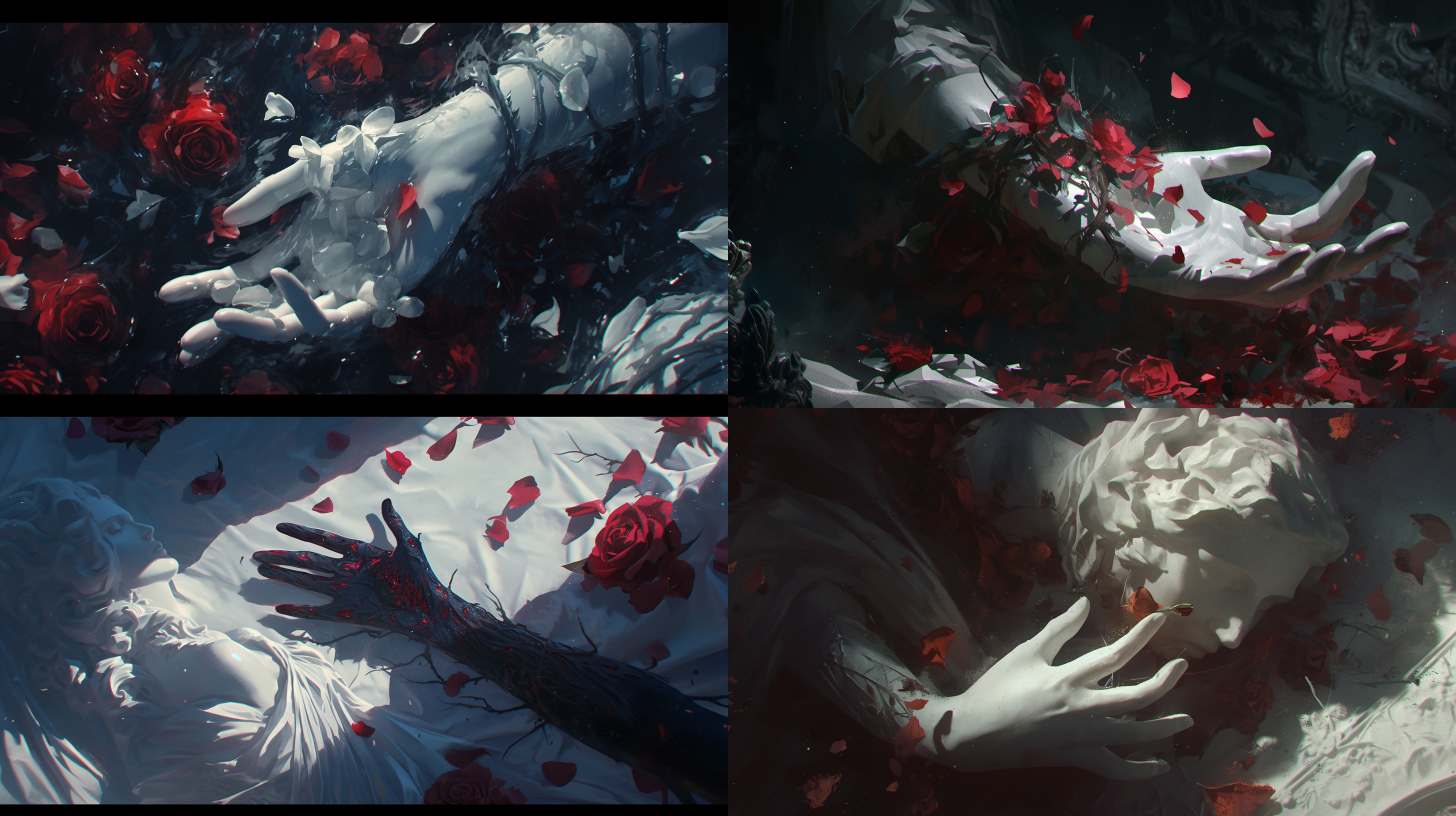 漆黑的床底，雪白的雕像手模，一根玫瑰似的藤条缠上了手模，周围是散落的玫瑰花瓣，电影质感，神秘，暗色调，脆弱，寂静，凋零，逆光，诡异