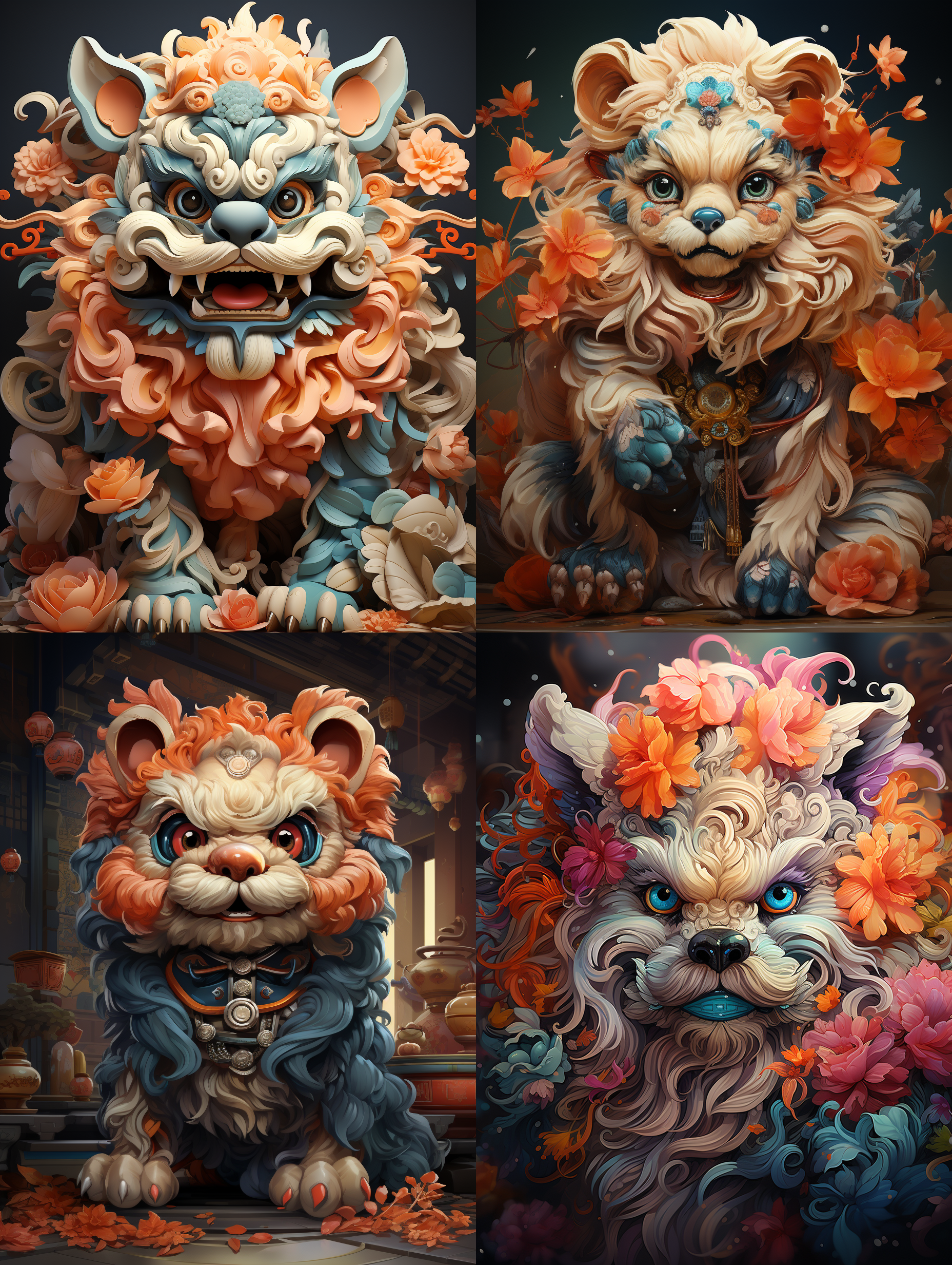 chinese style lion dance, multi-color, solid background color, dynamic and beautiful, lively and cute, realistic style
