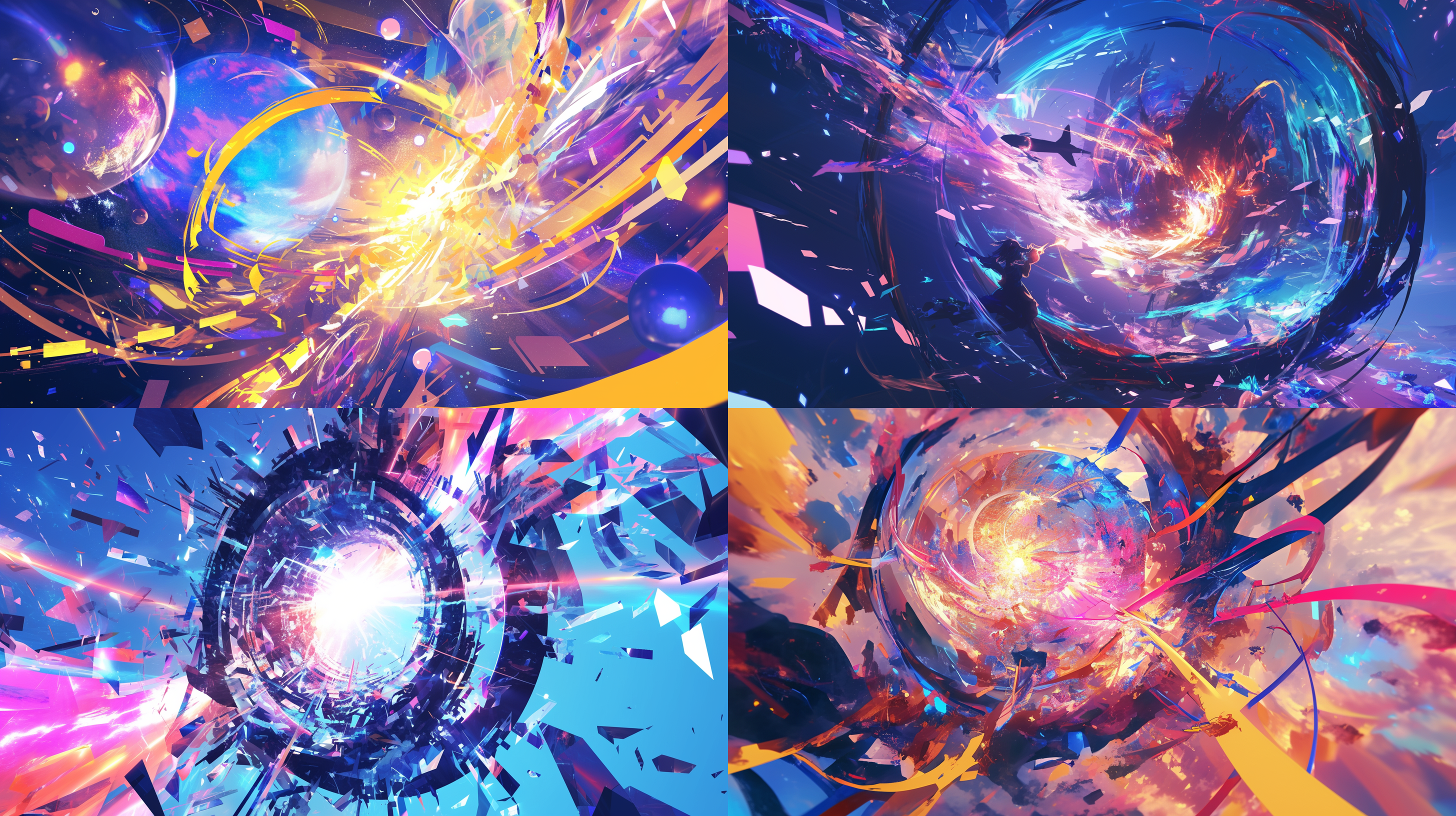抽象构图，多彩世界，奇幻风格，宇宙空间，超广角镜头，霓虹灯光，旋转动作，五彩斑斓，兴奋。