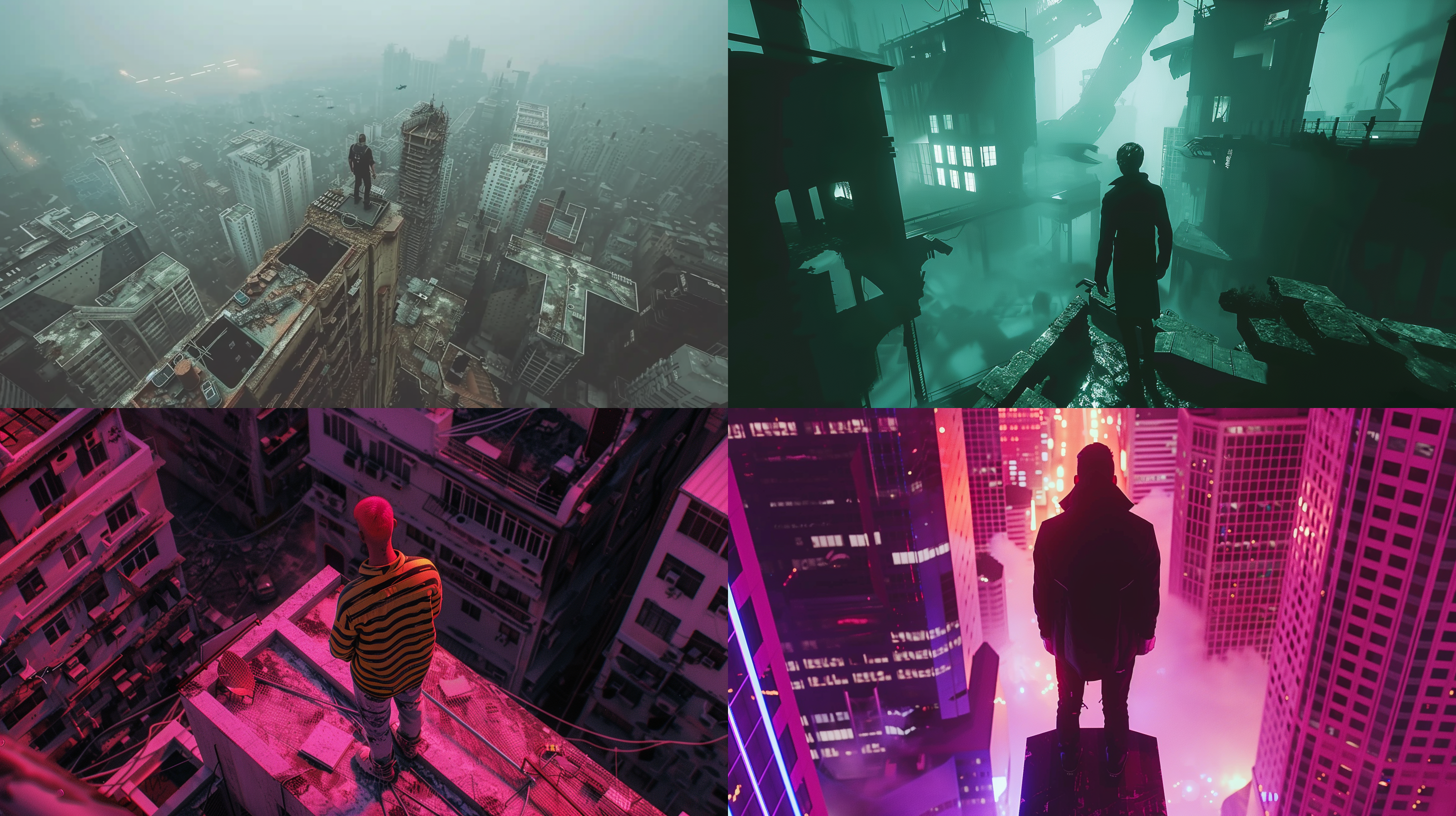 插图，赛博朋克，一个男子站在城市上空，废墟，霓虹冷光，鸟瞰图，虚幻引擎，神秘
