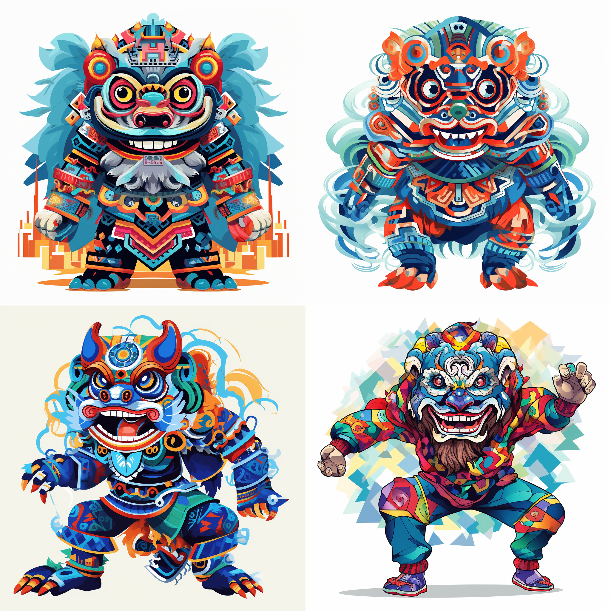 扁平风格插图，中国舞狮几何图案，戴铜器形状面具，穿着少数民族服装，少数民族舞蹈动作，整体蓝白釉色搭配，清晰轮廓，白色背景，keith haring涂鸦风格，垃圾美学风格，长宽比4:5，中度风格化，虹5