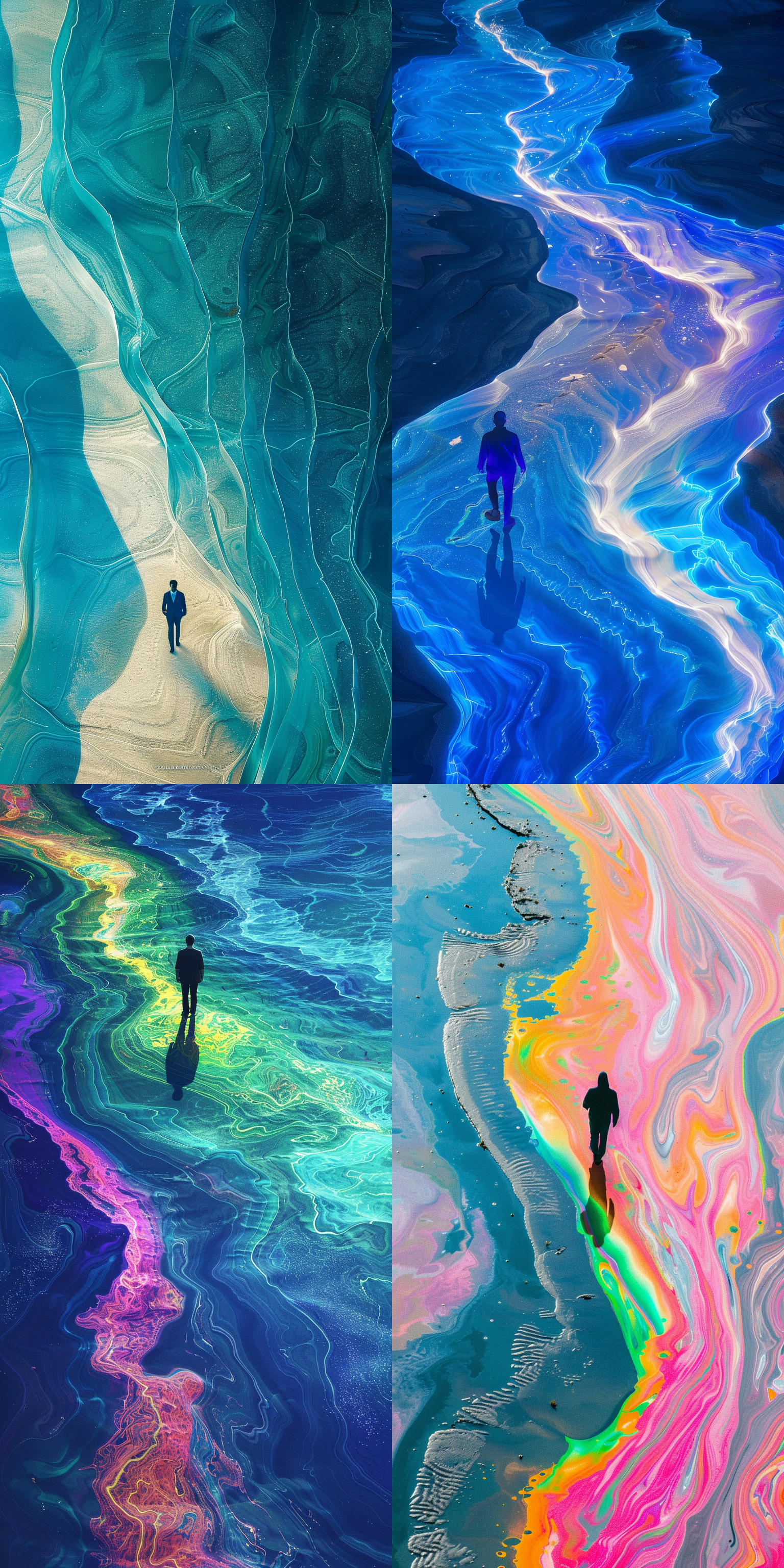 minimalism and surreal illustration, aerial view, top view, by nick veasey, extreamly close-up shot to one man walking along chaka slat lake with fluorescent spoondrift, light tracing, glare lighting, minimalism, curve linked smoothly, dry brushing style, impasto, fluorescent, ripples of color diffusing, marker coloring, printmaking style, layered curve, fujicolor superia x-tra 400, ultra detailed, uhd, 16k