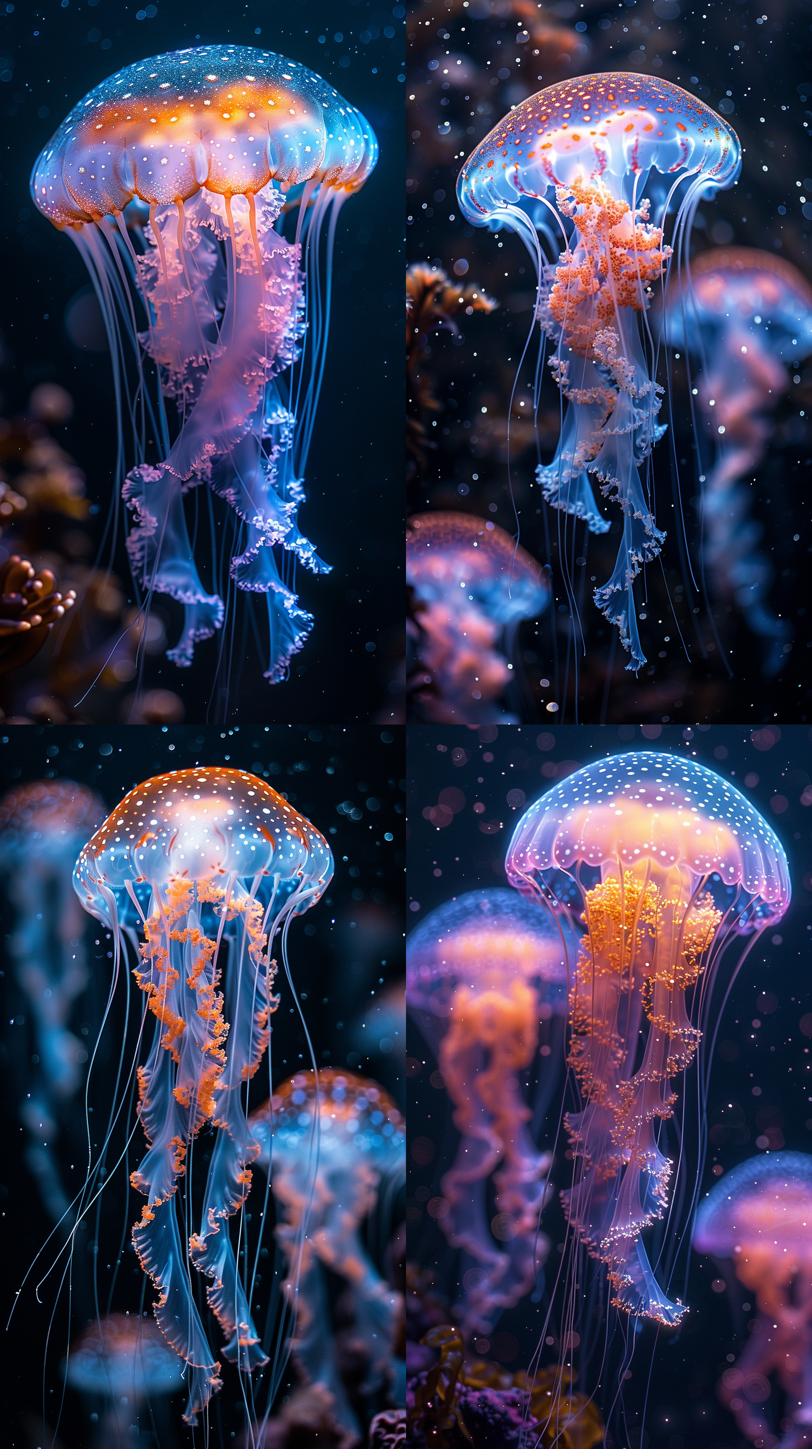 发光水母漂浮在黑暗海底，散发出柔和的蓝色光芒。水母的透明身体上覆盖着闪烁的发光点，宛如星空般美丽。整个画面以水母为主体，背景中潜藏着神秘的海洋生物。构图对称平衡，色彩柔和温暖，镜头使用超广角，光线柔和而均匀。神秘、宁静、奇幻、浪漫。