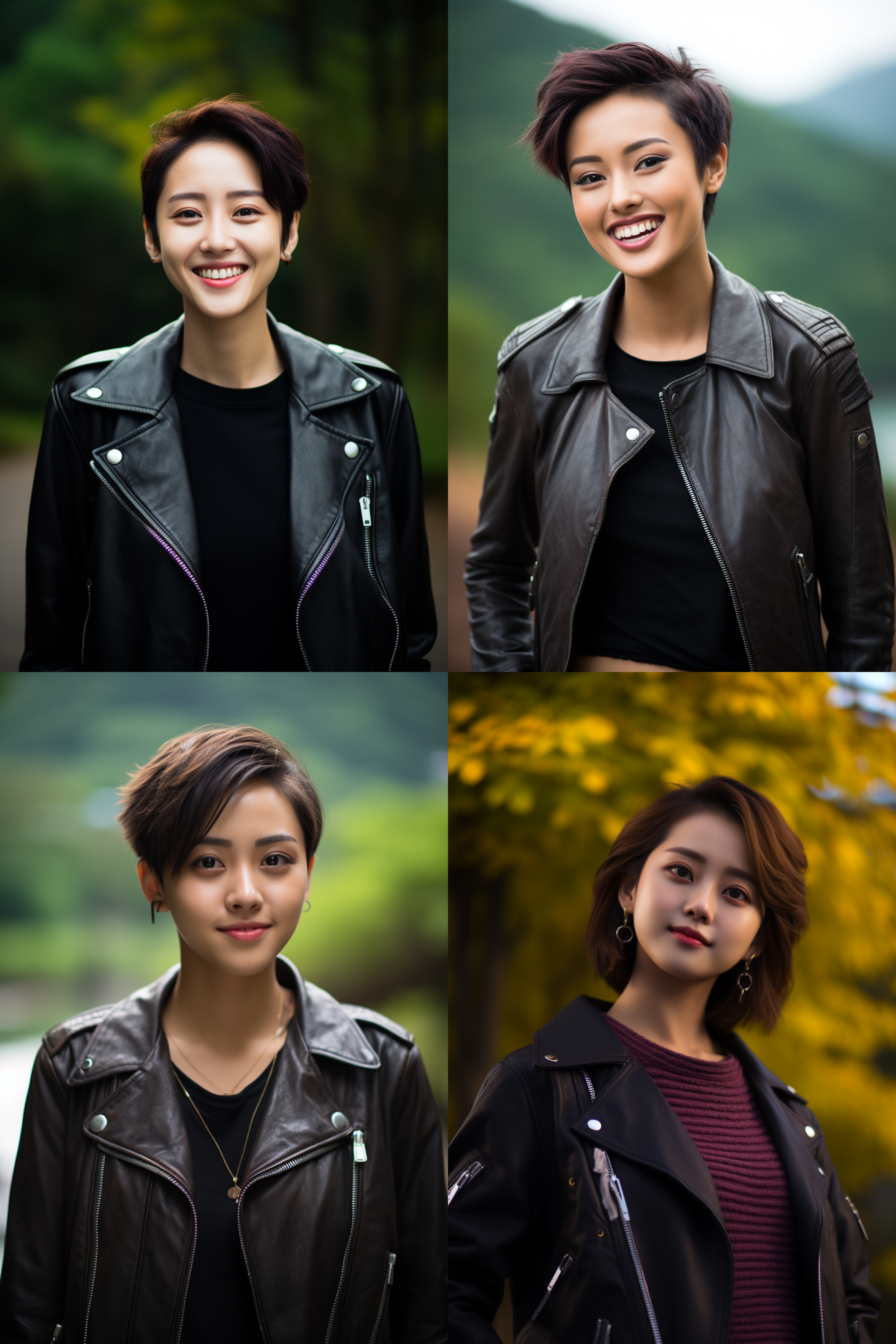中国短发女孩，穿皮衣，明亮光线，摄影图 清新自然，户外风景，肖像模式，中焦镜头，微笑，自然姿态，色彩鲜艳，快门优先，放松自然