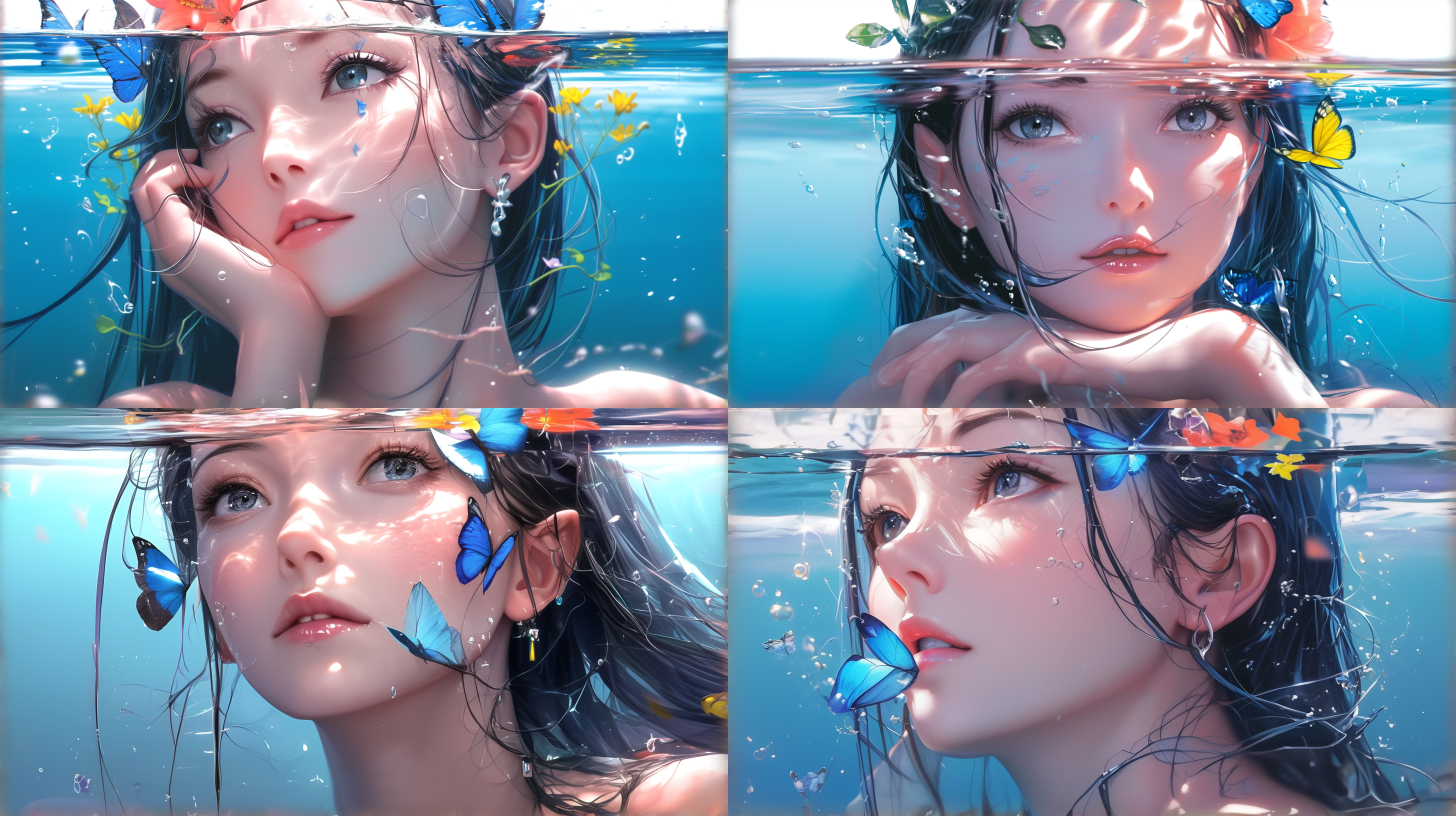 a young girl in the water, with big eyes wide open, looked into the distance. she was wearing a butterfly decorated headband, and the water surface was above her shoulders. water shone on her head and shoulders,ultra hd,8k