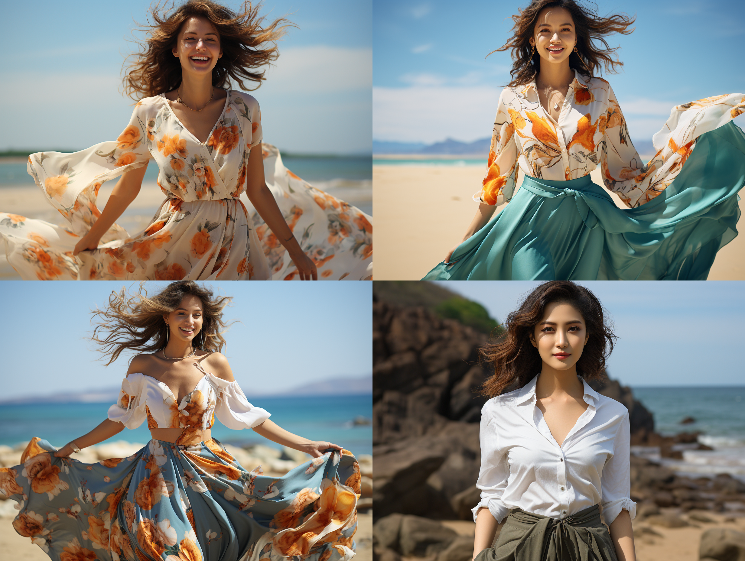 东方美女，海边现代风格，全身镜头，长焦镜头，自然动作，微笑，轻松愉快，温暖色调，柔美元素，海浪拍打，自信，高清图，短裤，裙子。 超广角 全身