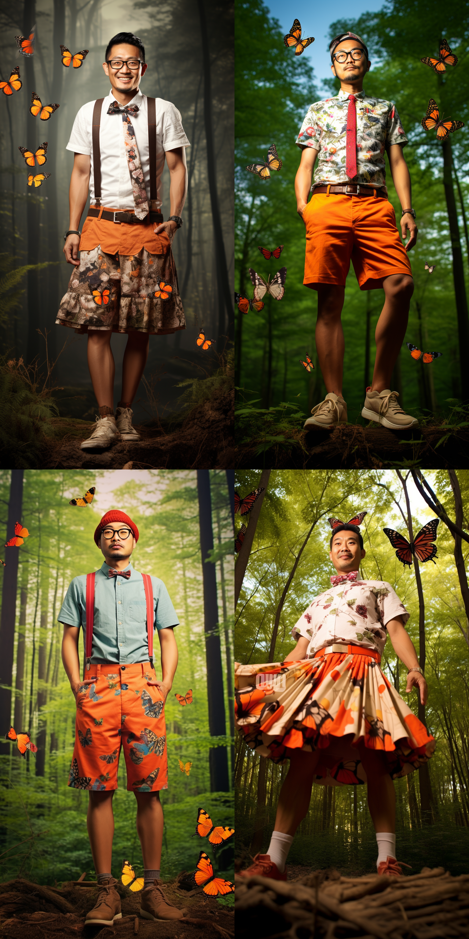 东方男子，森林现代风格，全身镜头，长焦镜头，自然动作，微笑，轻松愉快，温暖色调，柔美元素，蝴蝶环绕身边，自信，高清图，短裤，裙子。 超广角 全身