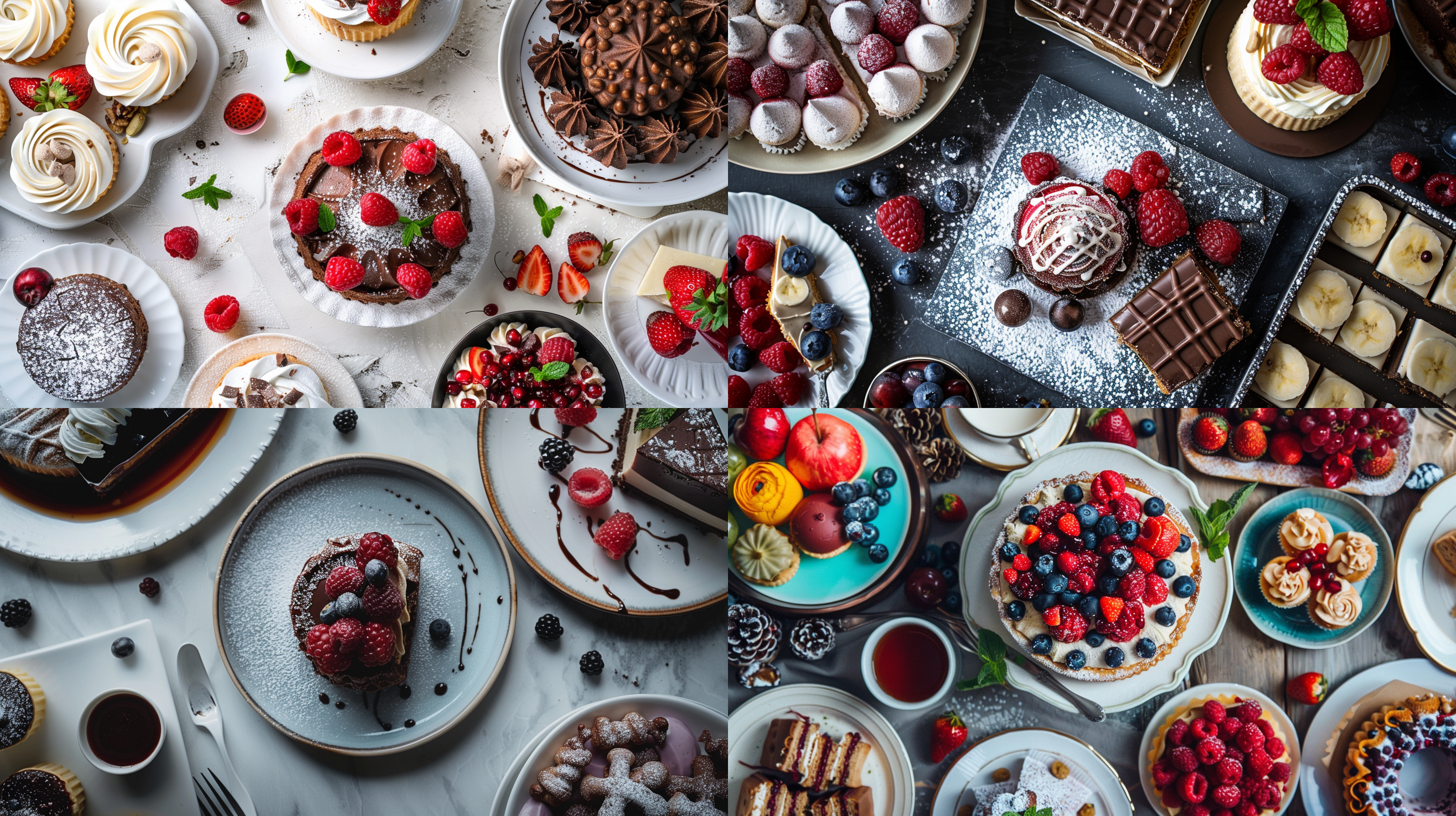 甜品摆放在餐桌上，自然光线下，明亮细节丰富，对比度高，诱人饱满，多彩。食物摄影，静物，中焦镜头，俯拍，色彩丰富，甜美。