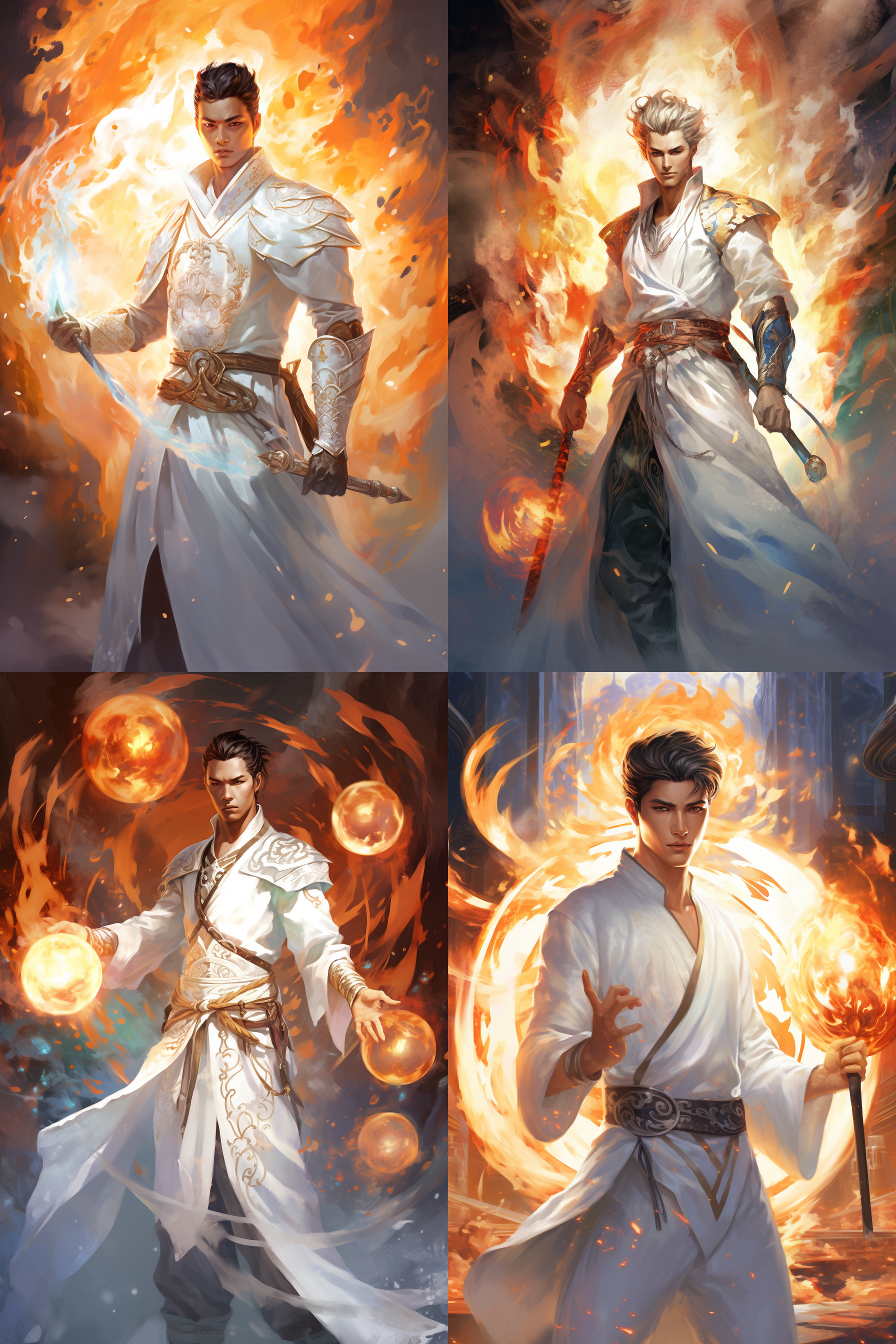 a man in a white outfit holding a sword and a ball in his hand with a fire and ice background, radiant light, a character portrait, ai xuan, sots art