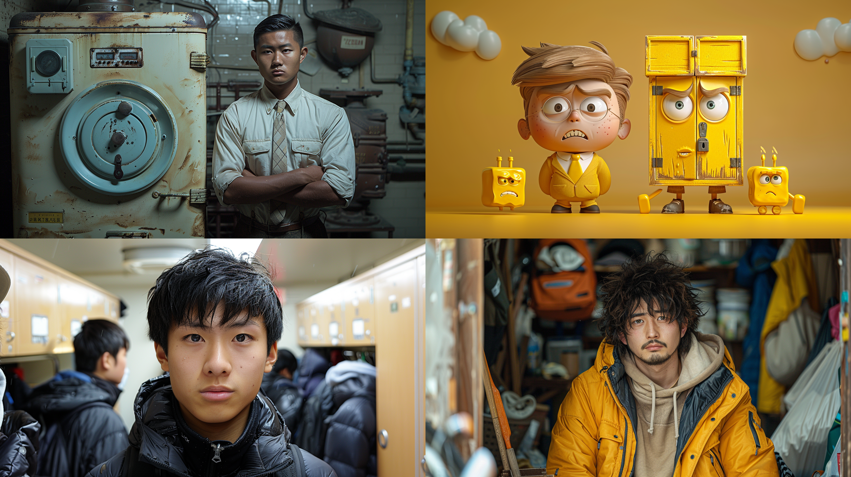 我要生成一个宿舍的柜门，被拆下来的照片。旁边有一个学生很生气，然后被拆下来的柜门半靠在柜子是一个中国学生。这个柜子有两个柜门。柜子是淡黄色的。柜子还有一个开锁的孔。