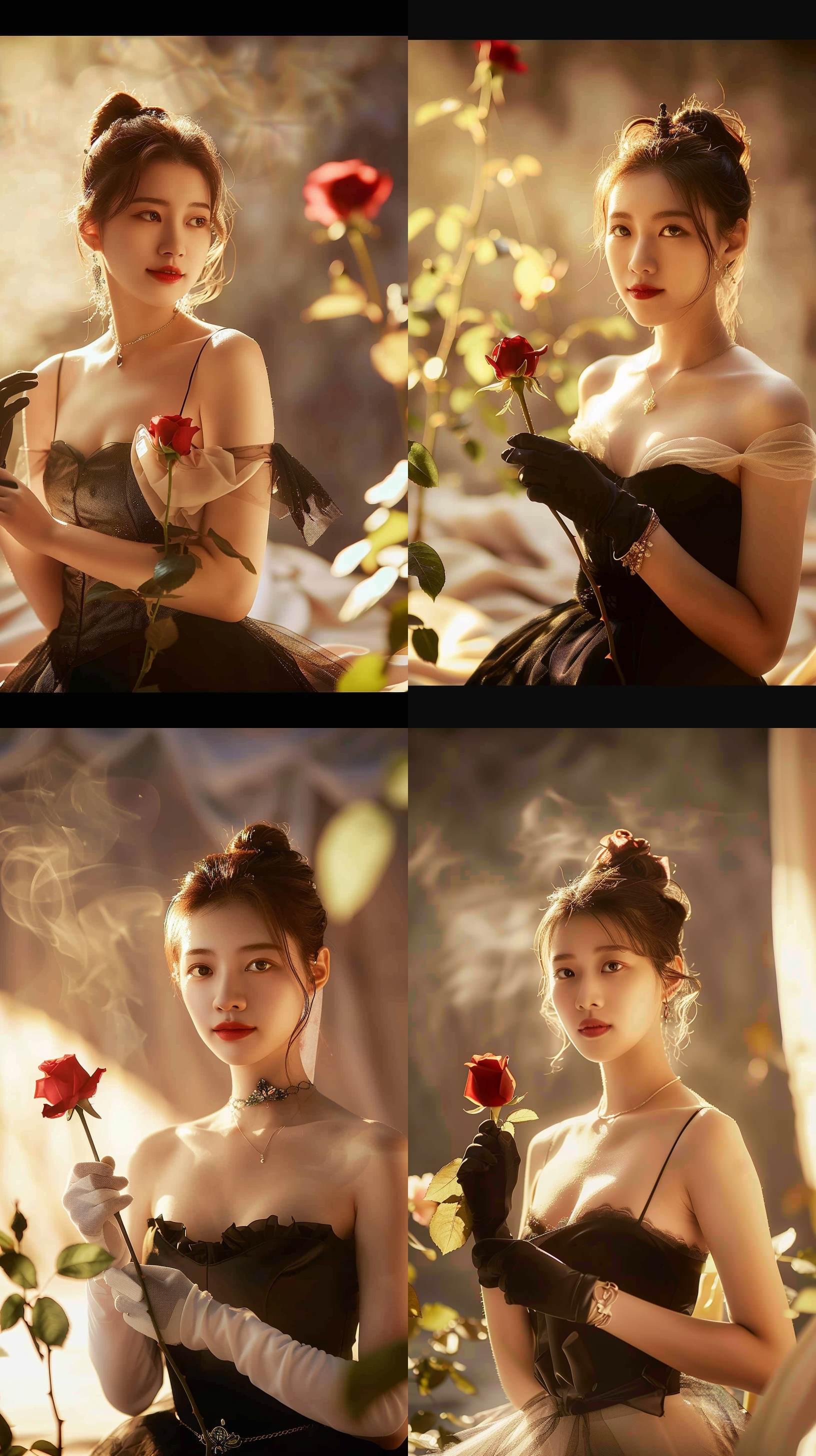 美女拿红玫瑰，玫瑰园中，肖像风格，柔和光线，丹凤眼，锁骨明显，丰满身材，芊芊细腰，柳叶眉，嘴唇红润，阳光灿烂，微笑，活泼，肤色白净，鹅蛋脸，悬胆鼻，自然，愉悦，微笑。