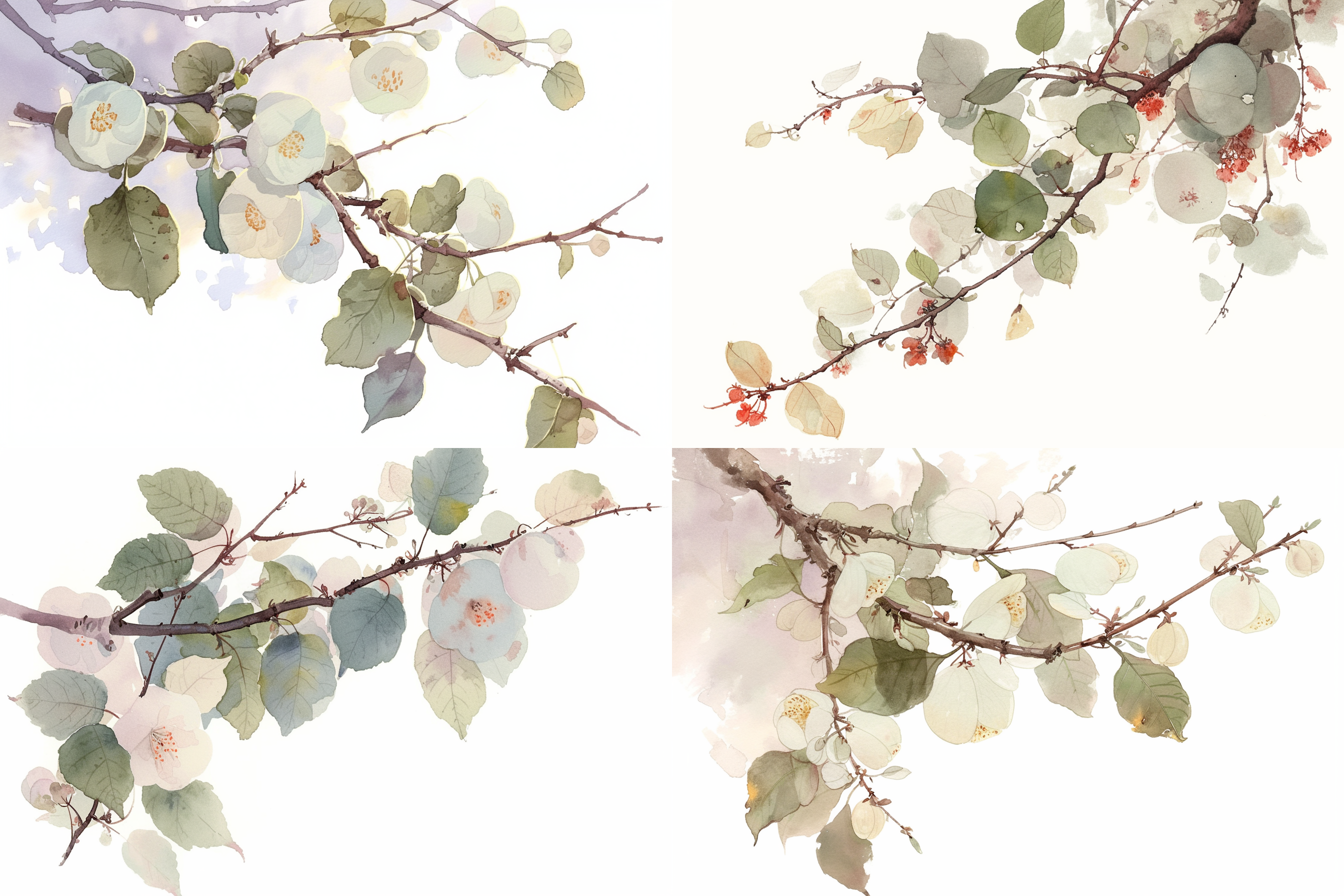 中国水彩梅花，正中构图，细节丰富，水彩风格，清新色调，特写镜头，柔和光线，静态，优雅。