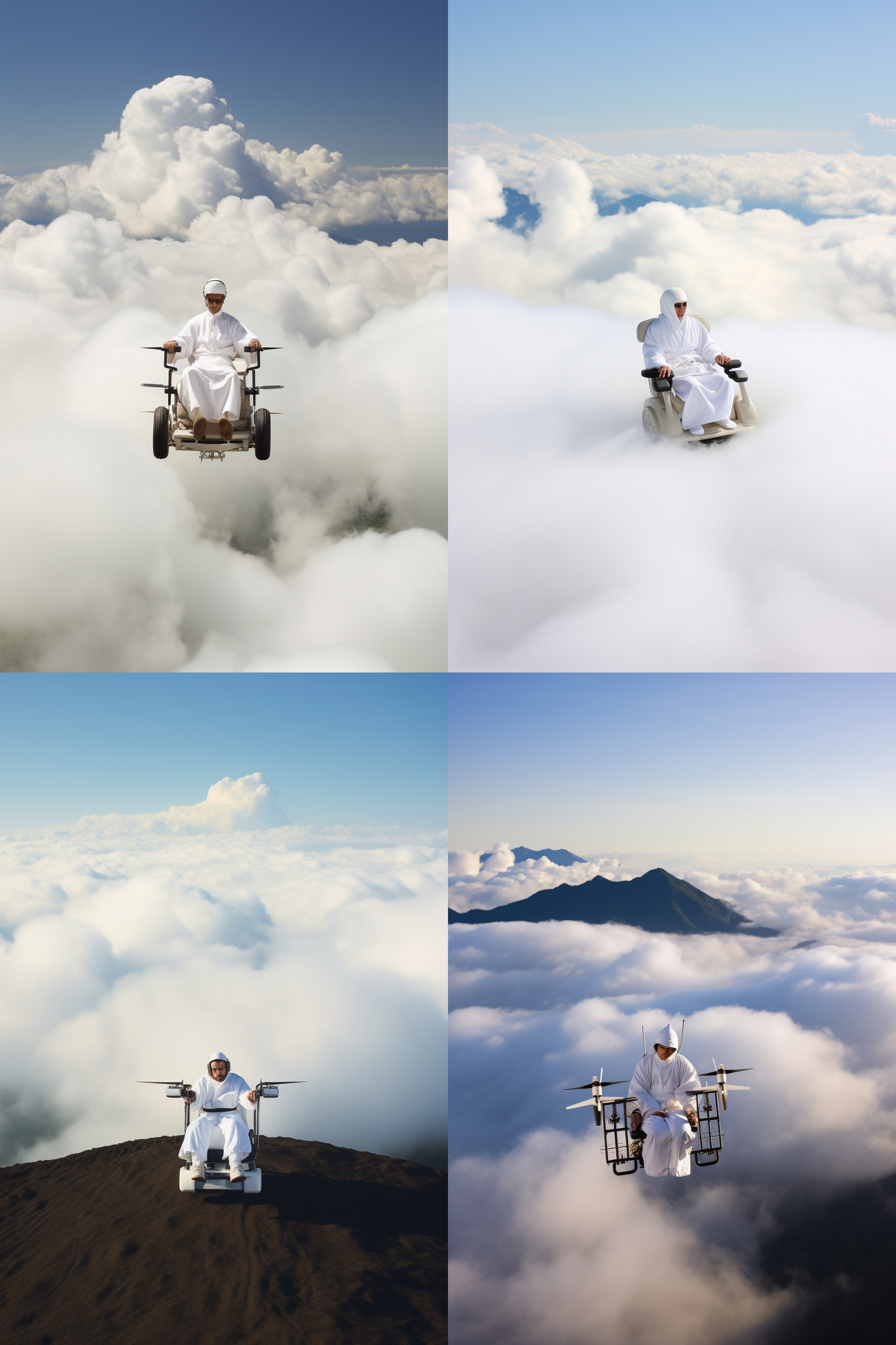 修仙者漂浮在空中，背景是绚丽的云海和群山，照片以修仙者为主体，呈现出宁静和神秘的氛围。修仙者身穿白色长袍，面带微笑，眼神深邃，展现出自信和智慧。照片采用鸟瞰角度拍摄，使用广角镜头捕捉周围的壮丽景色，光线柔和，色调以蓝、白为主，传达出宁静、神秘和宏伟的感觉。漂浮，修仙者，云海，群山，宁静，神秘，白色长袍，微笑，深邃，鸟瞰角度，广角镜头，柔和光线，蓝白色调。